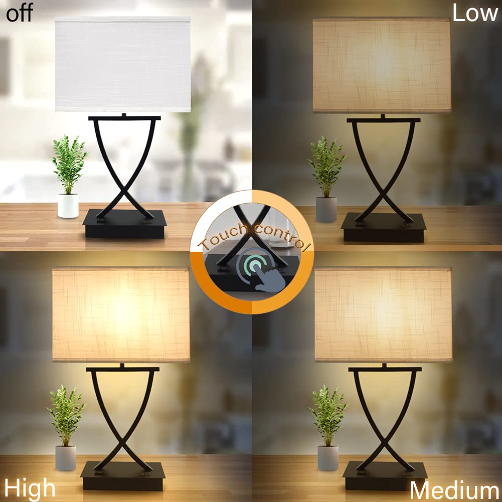 OYedis 3-Way Dimmable Touch Control Table Lamp with USB Charging, 21.38" Flat Black Metal Shade for Bedroom, Living Room, Office