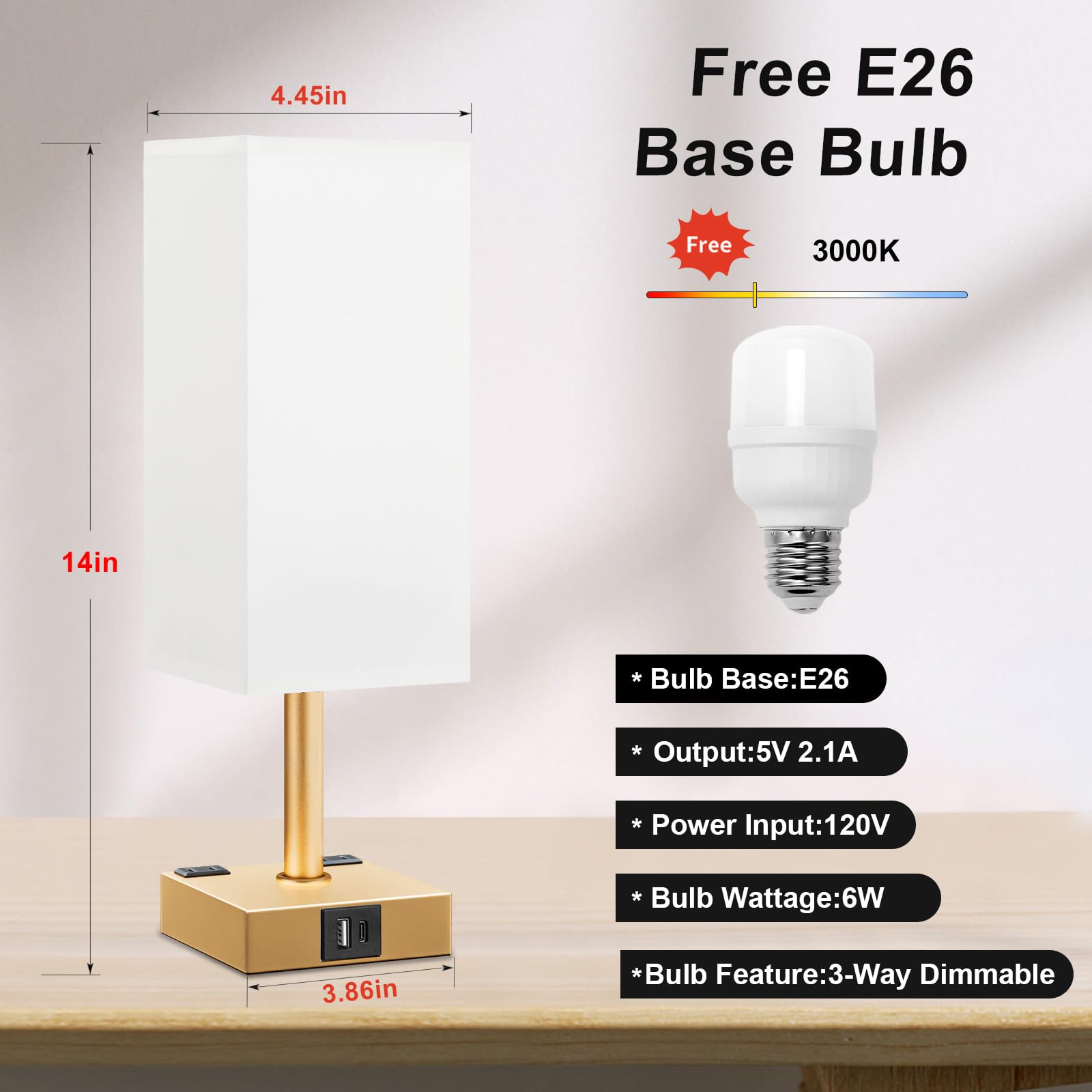 Gold White Touch Table Lamp - Bedside Lamp With Usb A + Type C Charging Ports And Two Ac Outlets, Small Night Stand With E26 Led