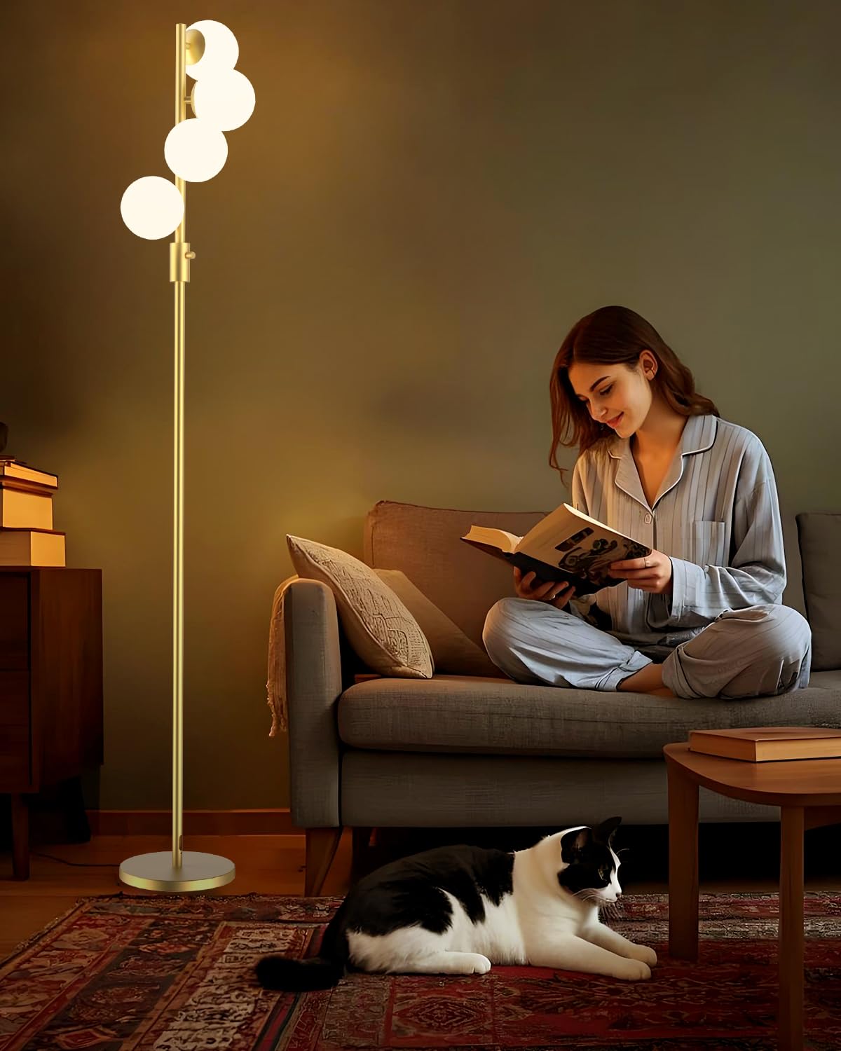 ACOHOOK 64IN Dimmable Gold Floor Lamp, Tall Standing Lamps with 4 Globe Soft Warm White Eye Care 3000K G9 Bulbs, Mid Century Mod