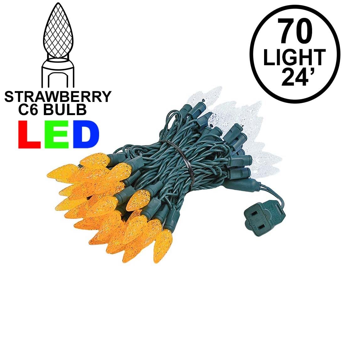 Novelty Lights C6 LED Christmas Mini Light Set, 70 Lights, Commercial Grade, 24 Feet, Orange/Pure White, Green Wire