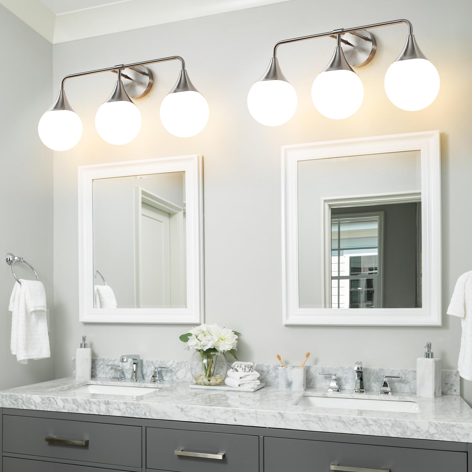 HAHZT 3-Light Bathroom Vanity Light Fixture - Brushed Nickel, Metal, Mid Century Modern Design with Milky White Globe Glass, Model 8089ML