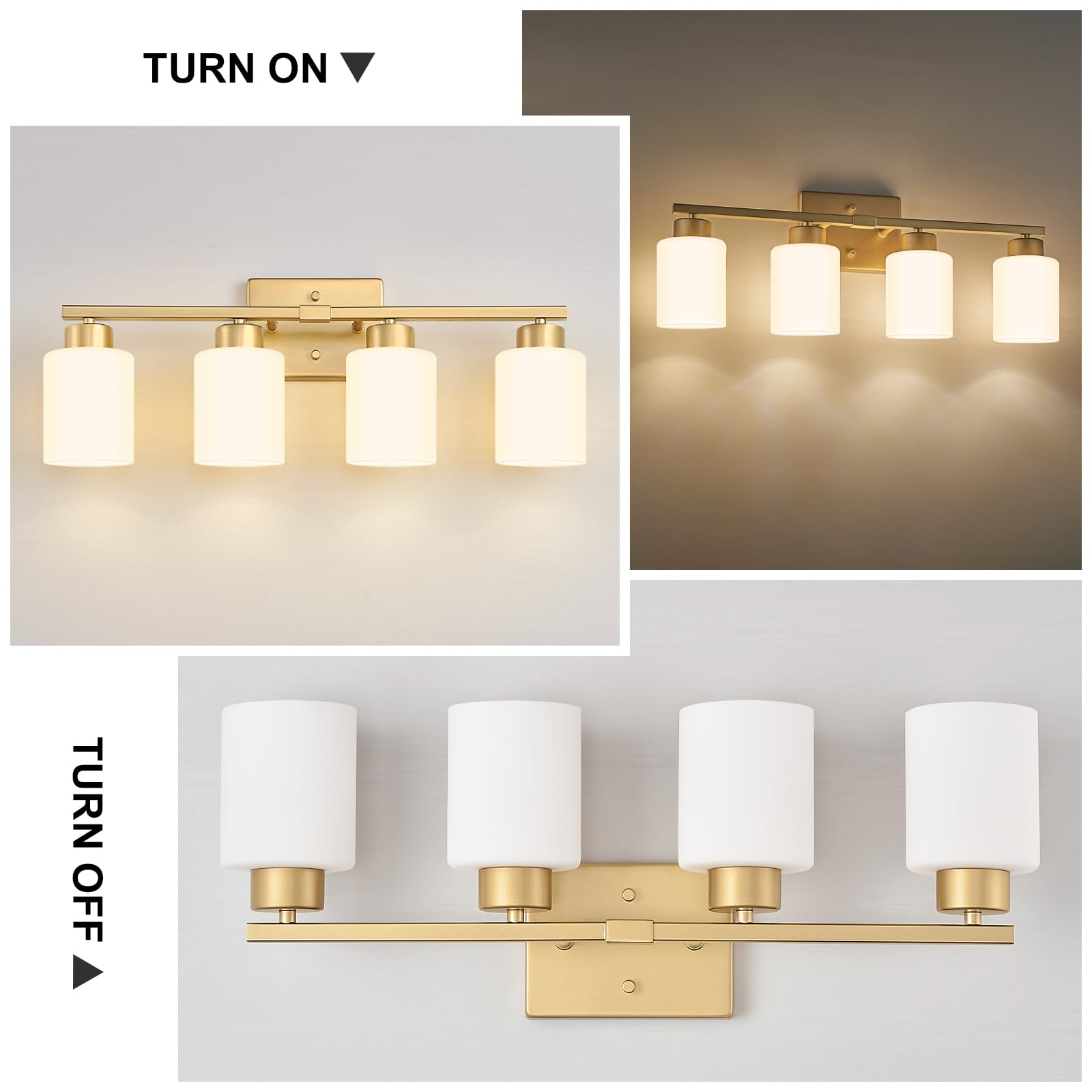 Fonmyim Gold Bathroom Light Fixtures, 4-Light Modern Vanity Light Over Mirror, Wall Sconces With Milky White Frosted Glass Shade