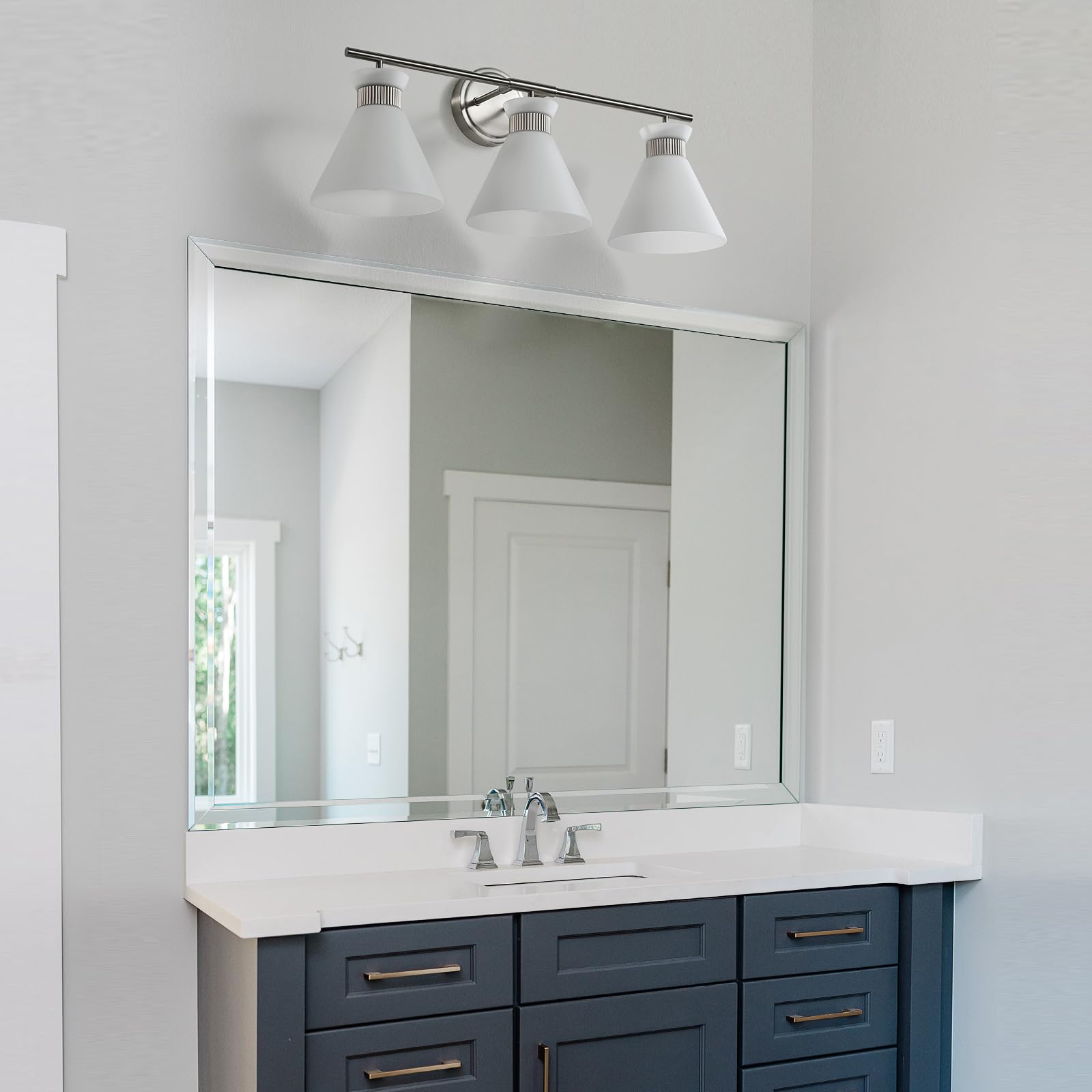 WOSHITU Brushed Nickel Vanity Lights for Bathroom, 3-Light Modern Fixtures with Milky White Frosted Glass Shade, 23.4in