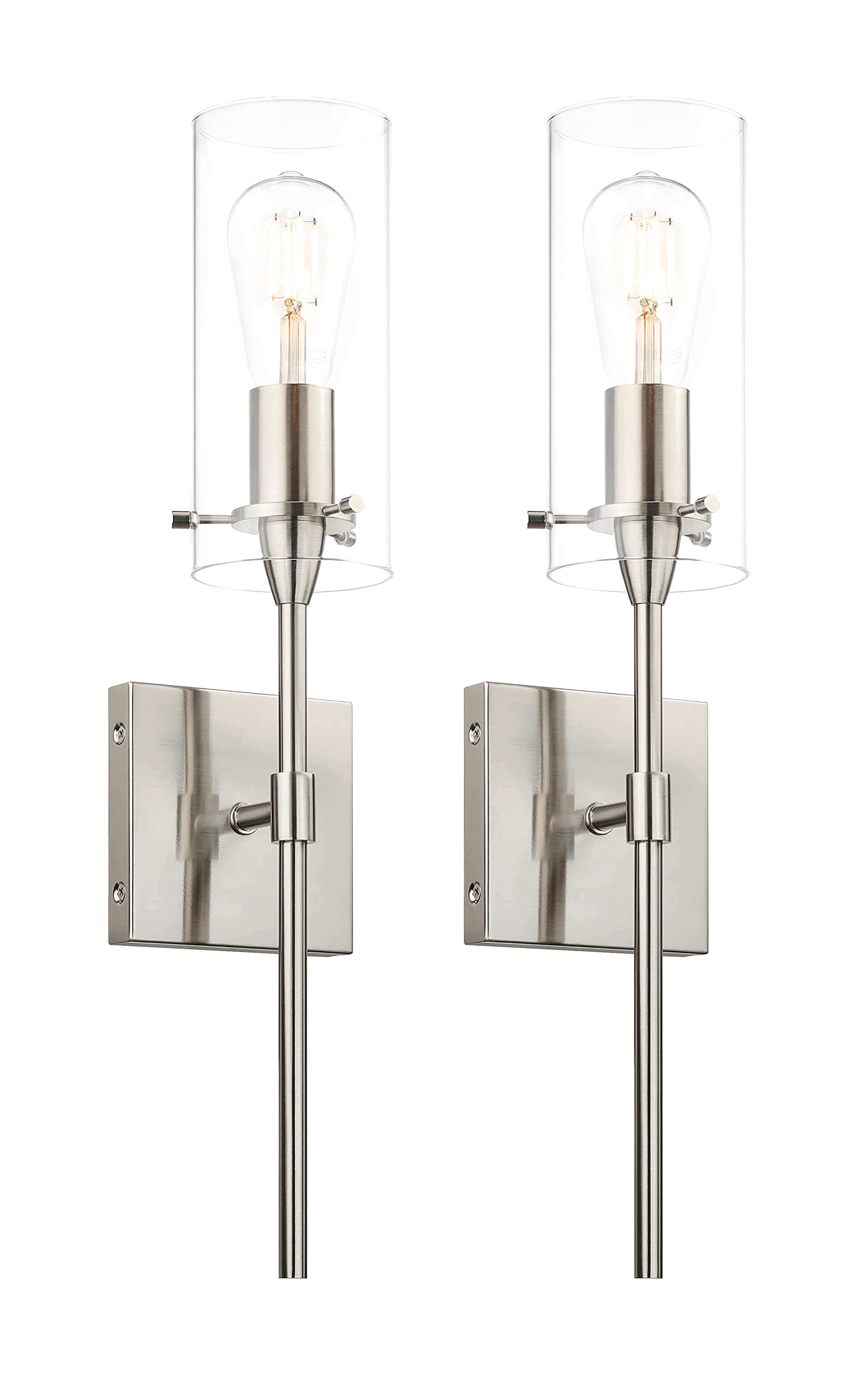 Xinbei Lighting Modern Brushed Nickel Wall Sconces Set Of 2, Clear Glass Iron Indoor Vanity Lighting For Bathroom & Hallway