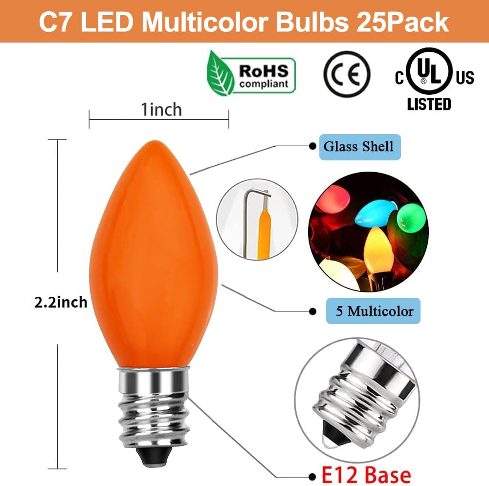 Christmas C7 Led Light Bulbs C7 Led Bulbs 25 Pack C7 Led Replacement Bulbs C7 Led Christmas Lights Replacement Bulbs 0.6 Watt C7