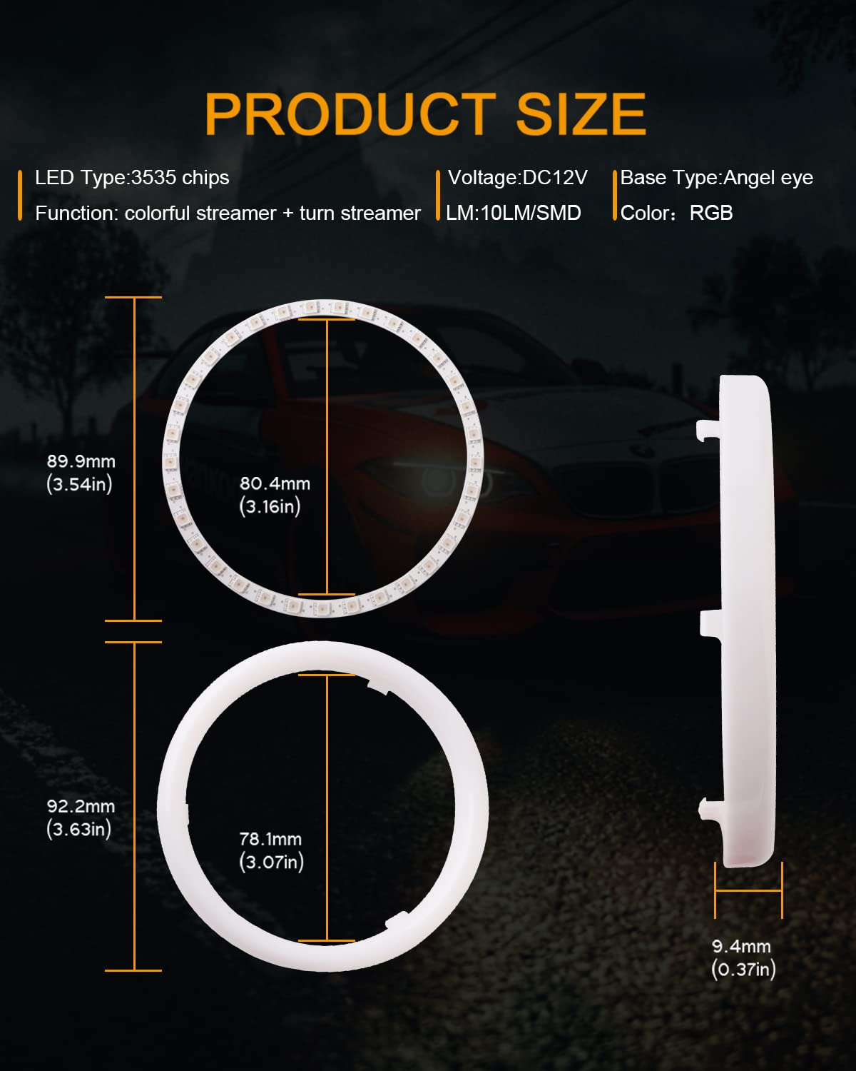 Qasim Angel Eyes Halo Rings 12V RGB LED Lights 90MM White for Car Scooter Motorcycle DRL Turn Signal Light 2-Pack