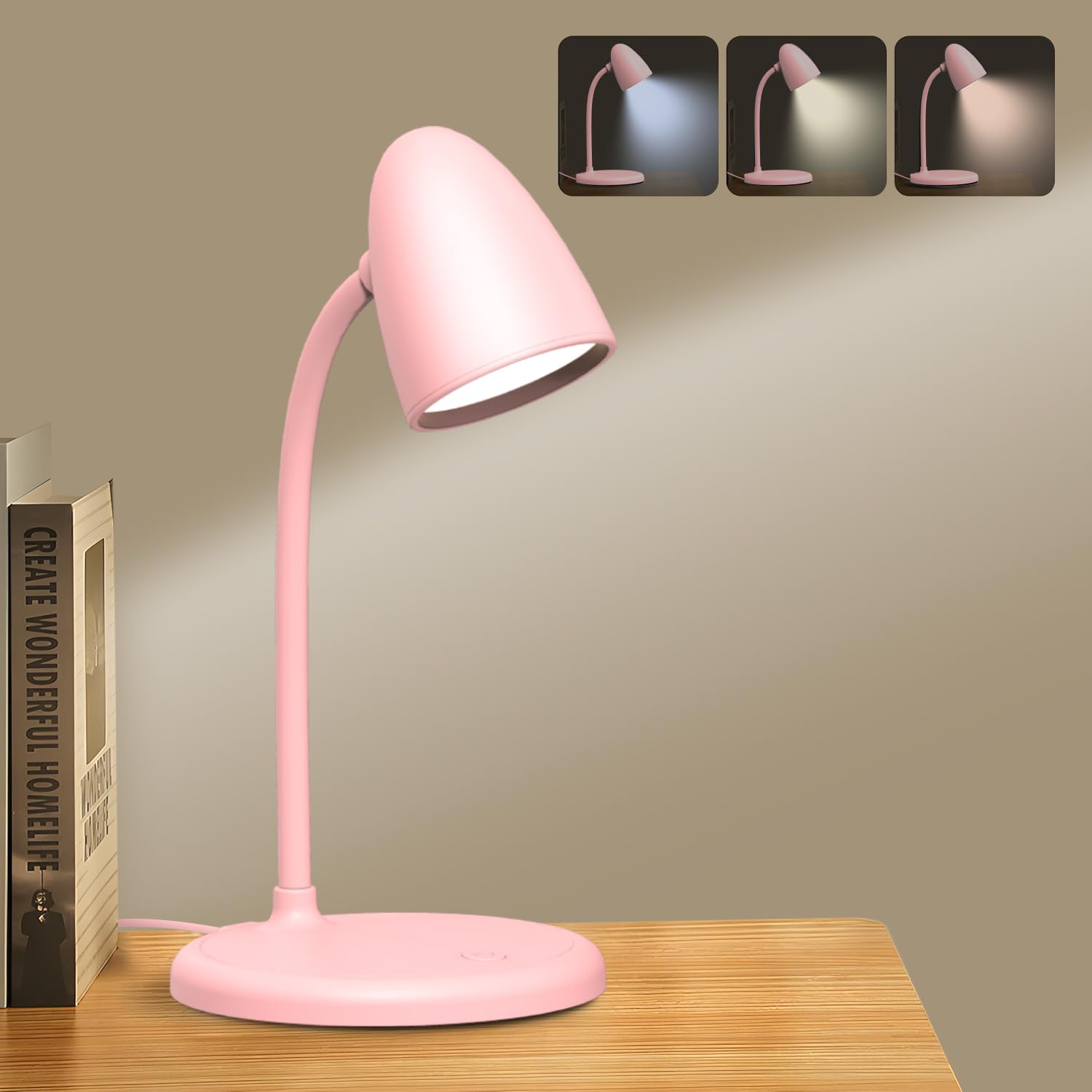 RORENSE LED Desk Lamp, Dimmable, 3 Light Colors, Small, Pink, Model L33, Gooseneck Design, Ideal for Home Office and Dorm Room