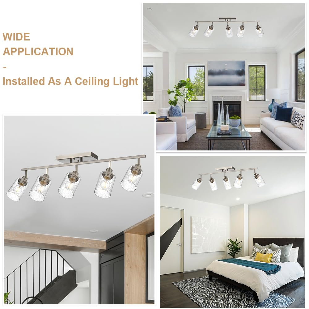 Winshen 5-Light Track Lighting Kit, Bathroom Vanity Light Ceiling Spotlight In Brushed Nickel For Kitchen Shop, Seeded Glass Sha