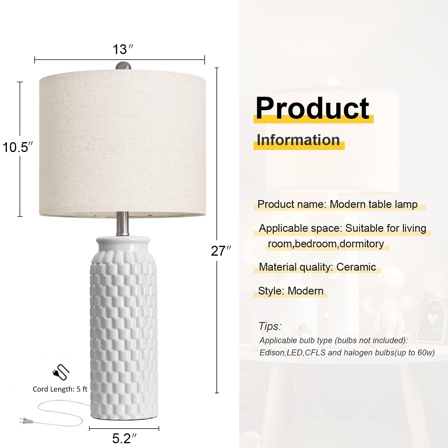 Usumkky 27 White Modern Ceramic Living Room Lamps Bedside Lamp Set Of 2 For Bedroom Decor Farmhouse Table Lamp For Living Room Office Dorm