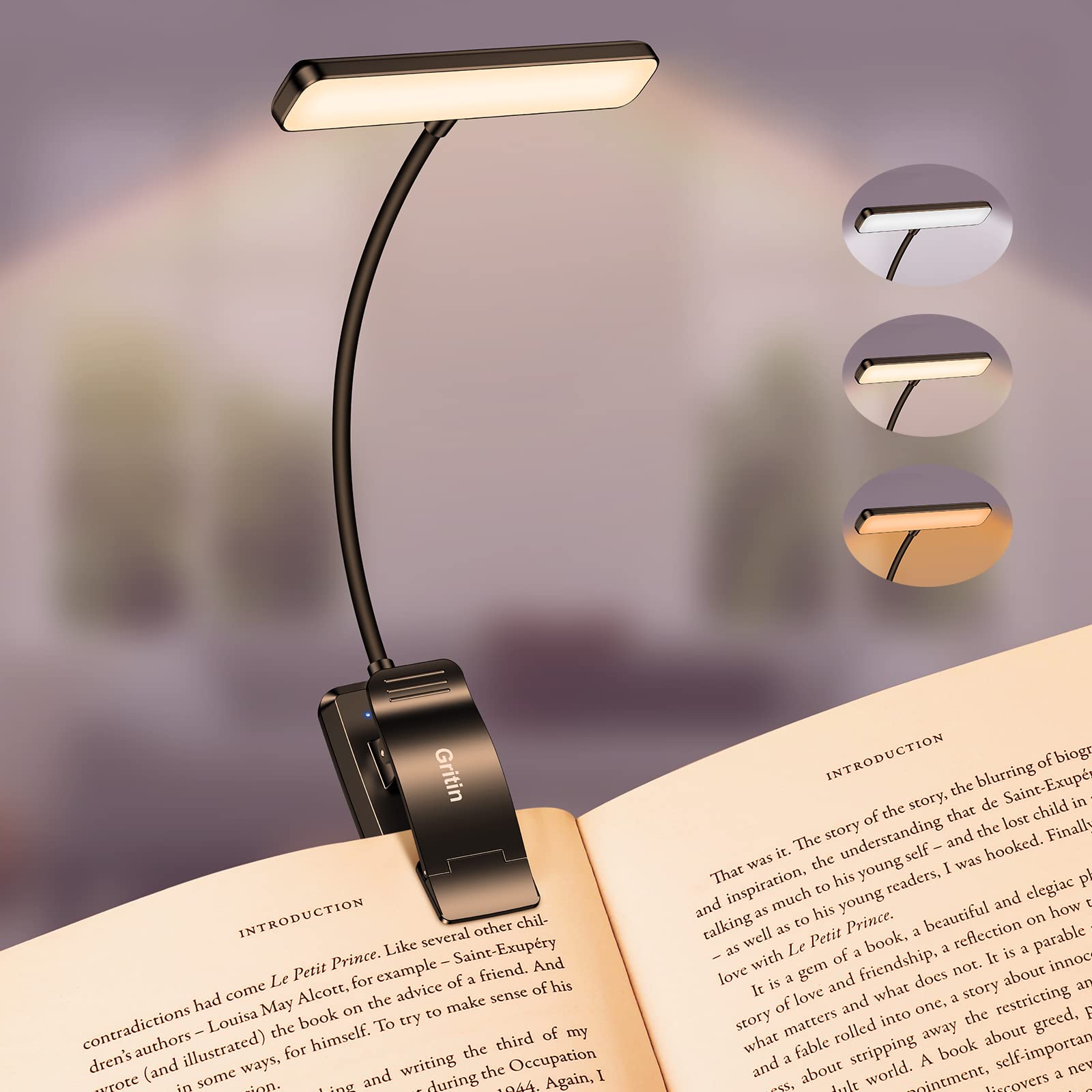 Gritin 19 LED Rechargeable Book Light - Eye-Caring, 3 Color Temperatures, Stepless Dimming, Lightweight Clip-On, Black, Model G1326