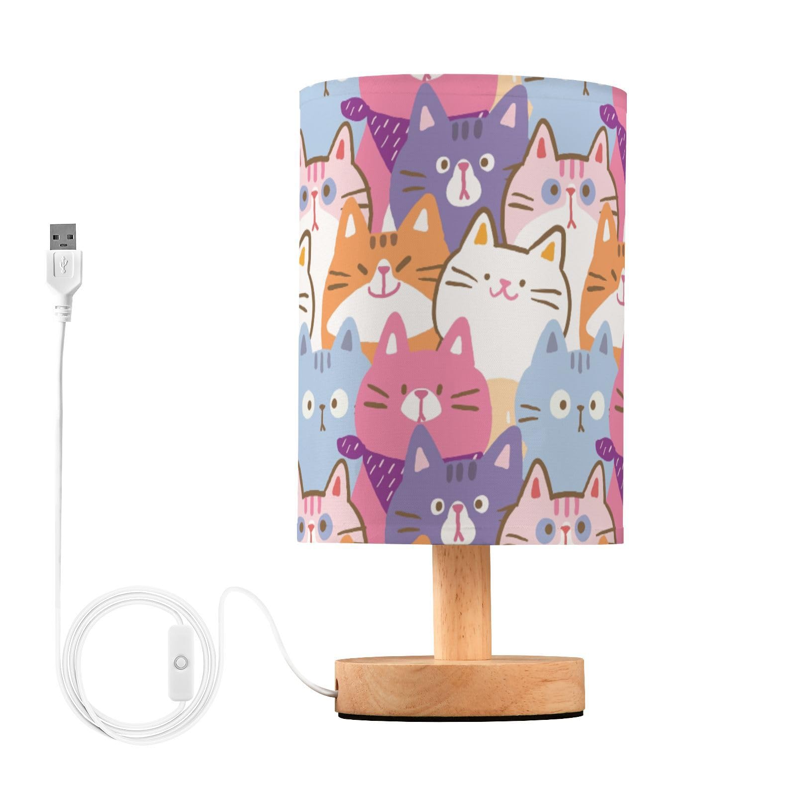 BOENLE Bedside Lamp Cartoon Cat Table Lamp for Bedroom LED Nightstand Lamp Shade USB Ports Wood Base for Living Room Dorm Office