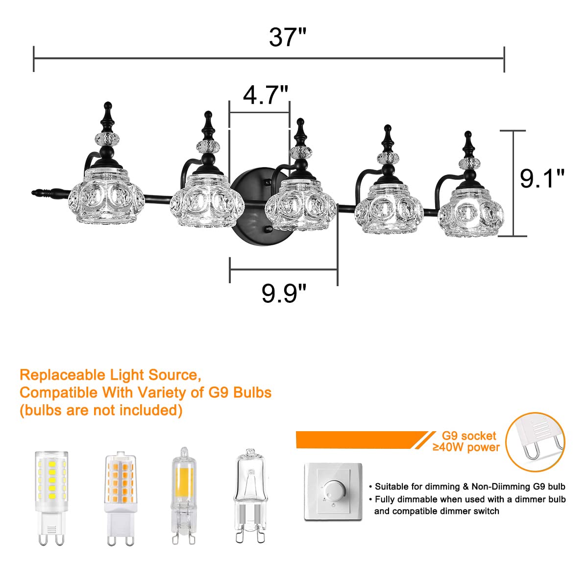 Zilanl 5-Light Vintage Black Bathroom Vanity Light With Crystal Glass Shade, Wall Sconce