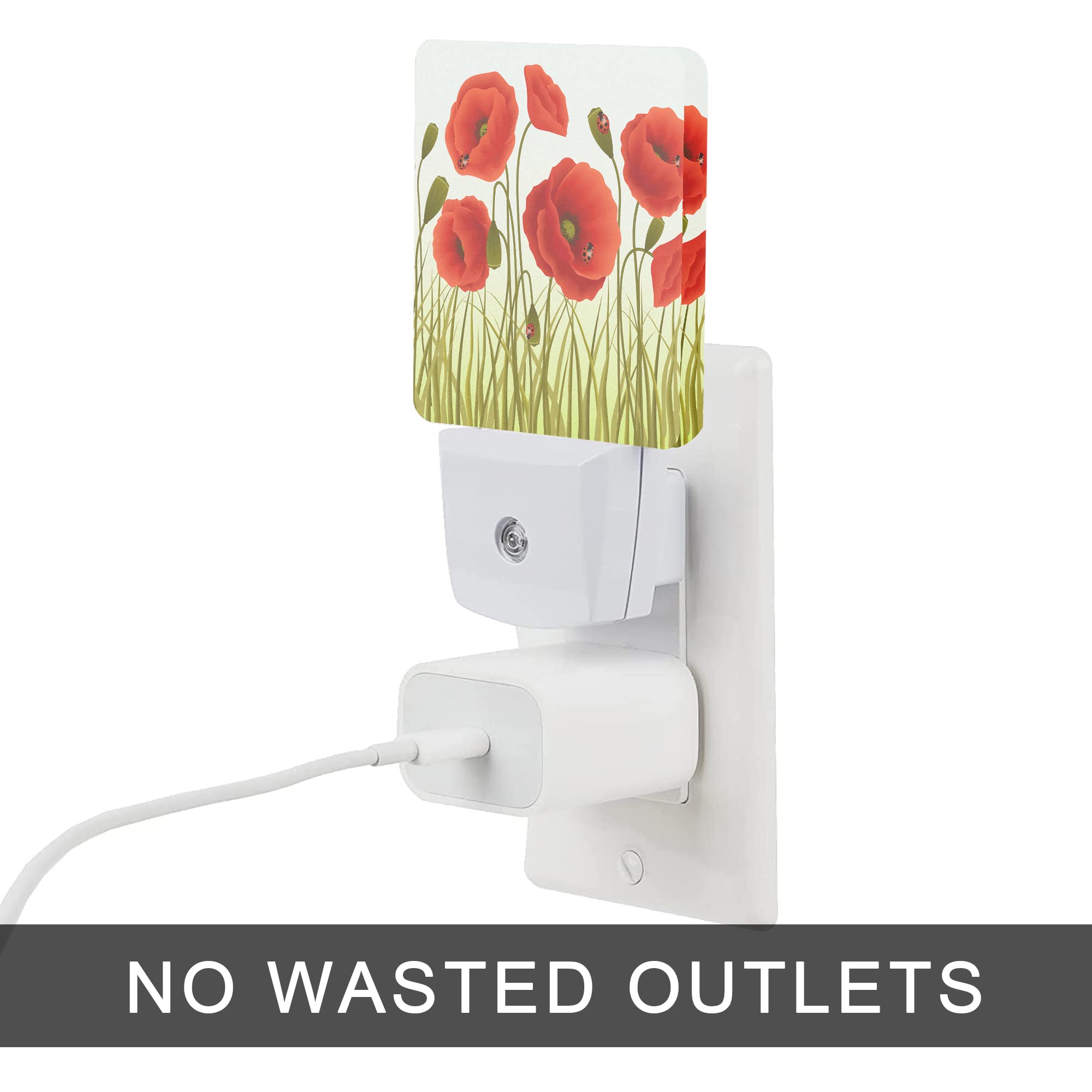 Oeaskly Red Flowers Night Light,Red Poppy Flowers And Ladybugs Plug-In Night Lights With Dusk-To-Dawn Sensor For Stairway/Hallwa