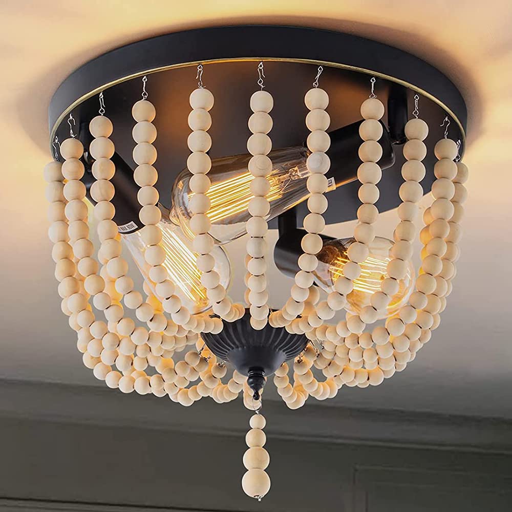 Neechicx Farmhouse Wood Beaded Flush Mount Ceiling Light 3-Light Boho Wooden Bead Chandelier Vintage Lighting Fixtures for Entryway  Hallway  Foyer  Bedroom  Black Finish with Golden Edge Discomfortting