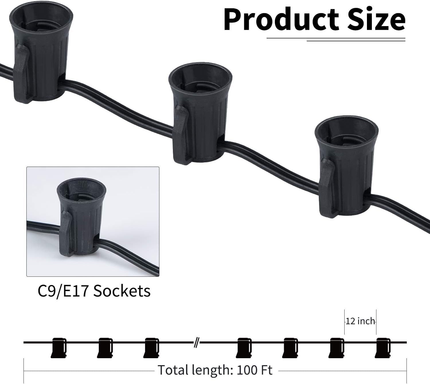 C9 Light Strand 100 Feet For E17 Socket 12 Inch Spacing, Outdoor String Light Christmas Stringer With 100 Sockets For Patio, Bla