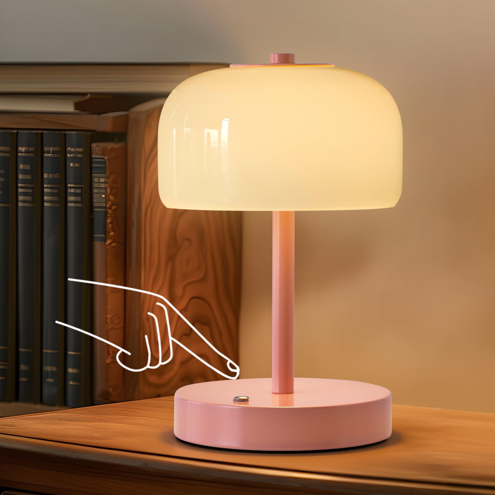 Oneach Cordless Table Lamp, Wood Grain Rechargeable, 3-Way Dimming, 9" Glass Bedside Light for Bedroom, Dining Table, Living Room Decor