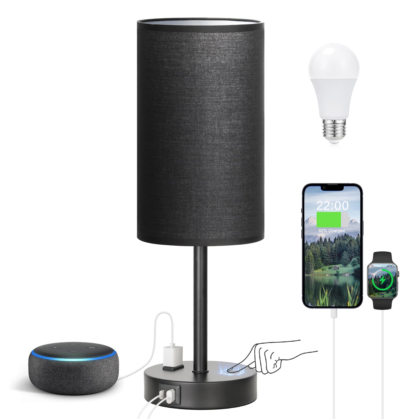 Fenmzee Touch Nightstand Lamp - Black, 3-Way Dimmable, USB A + C Charging, AC Outlet, 17.4inch Medium