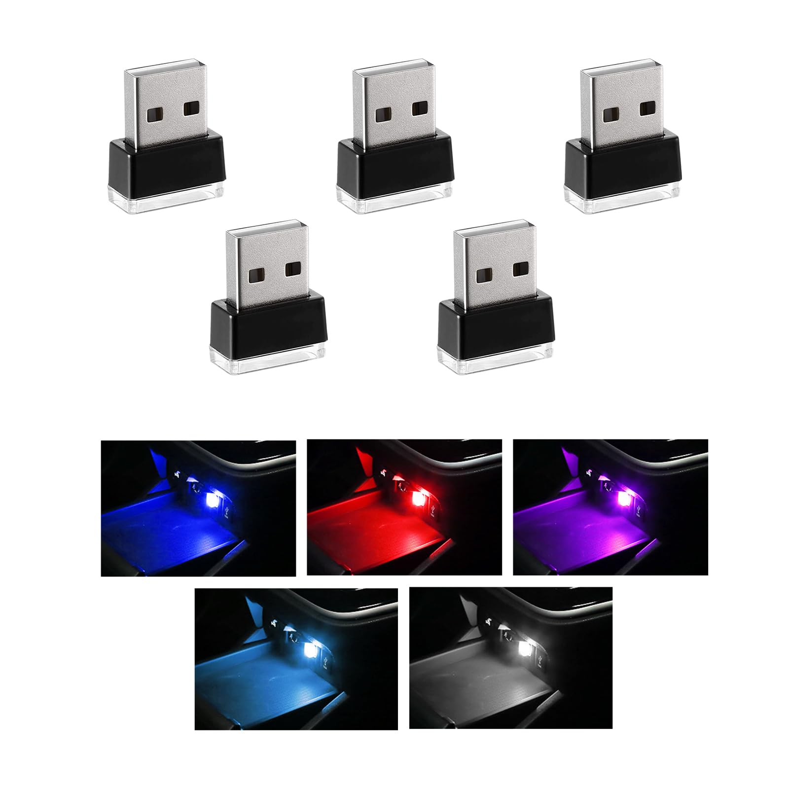 Sylvil 5 Pcs Usb Led Car Interior Atmosphere Lamp  Portable Mini Led Night Light  Plug-In Usb Interface Trunk Ambient Lighting Kit  Universal Interior Car Accessories (Blue+Red+Ice Blue+White+Purple)