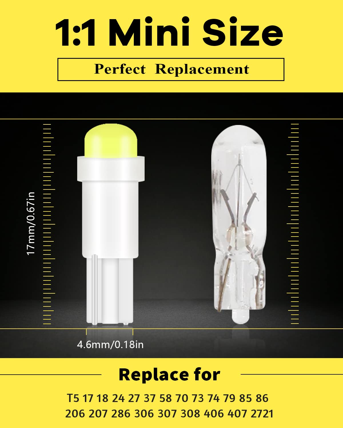 Alopee T5 LED Bulbs, 10pcs Bright White 1SMD, Polycarbonate, for Car Instrument Cluster & Door Light, DC 12V