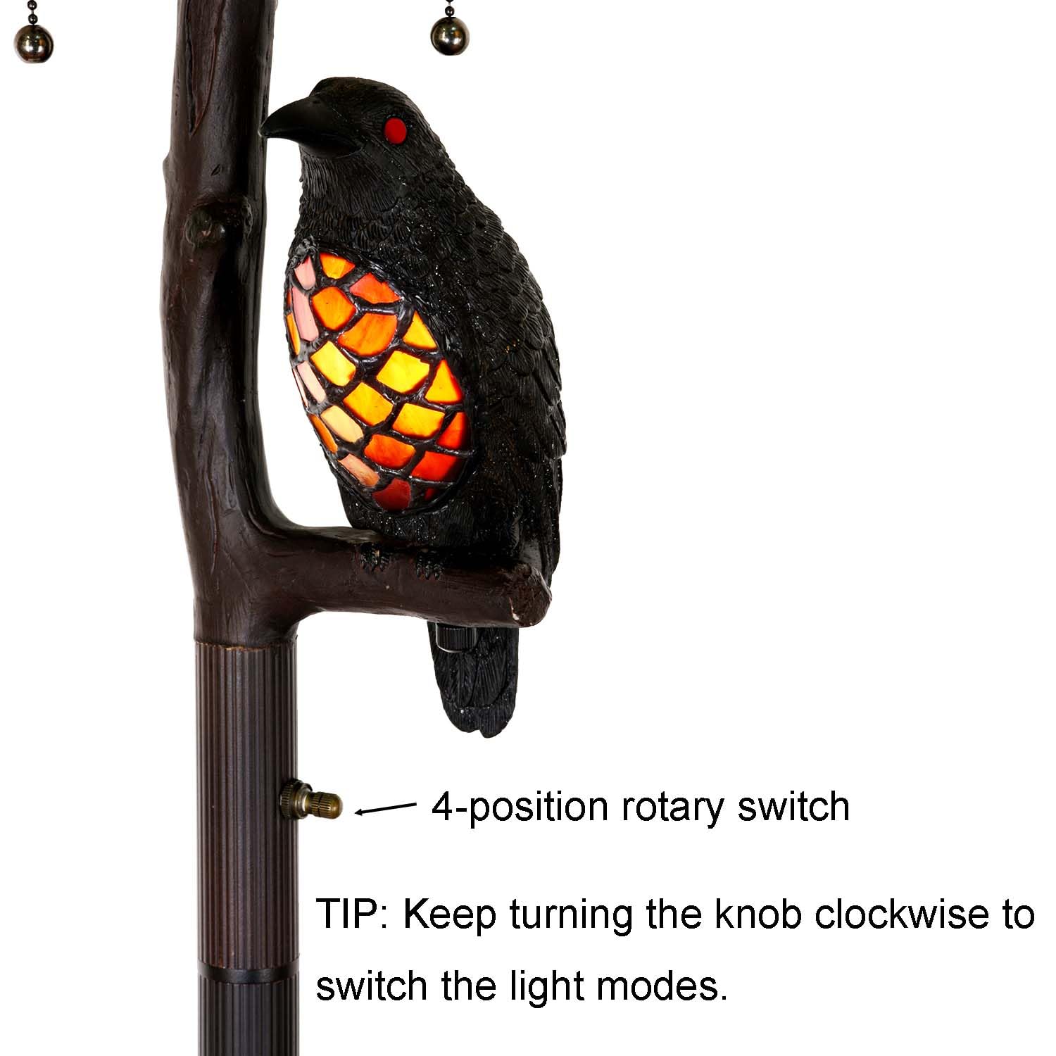 Bieye Tiffany Style Stained Glass Floor Lamp - Ravens On Tree Branch, 65 Tall, Black Red, Model Owlfloor, Double Lit Night Light