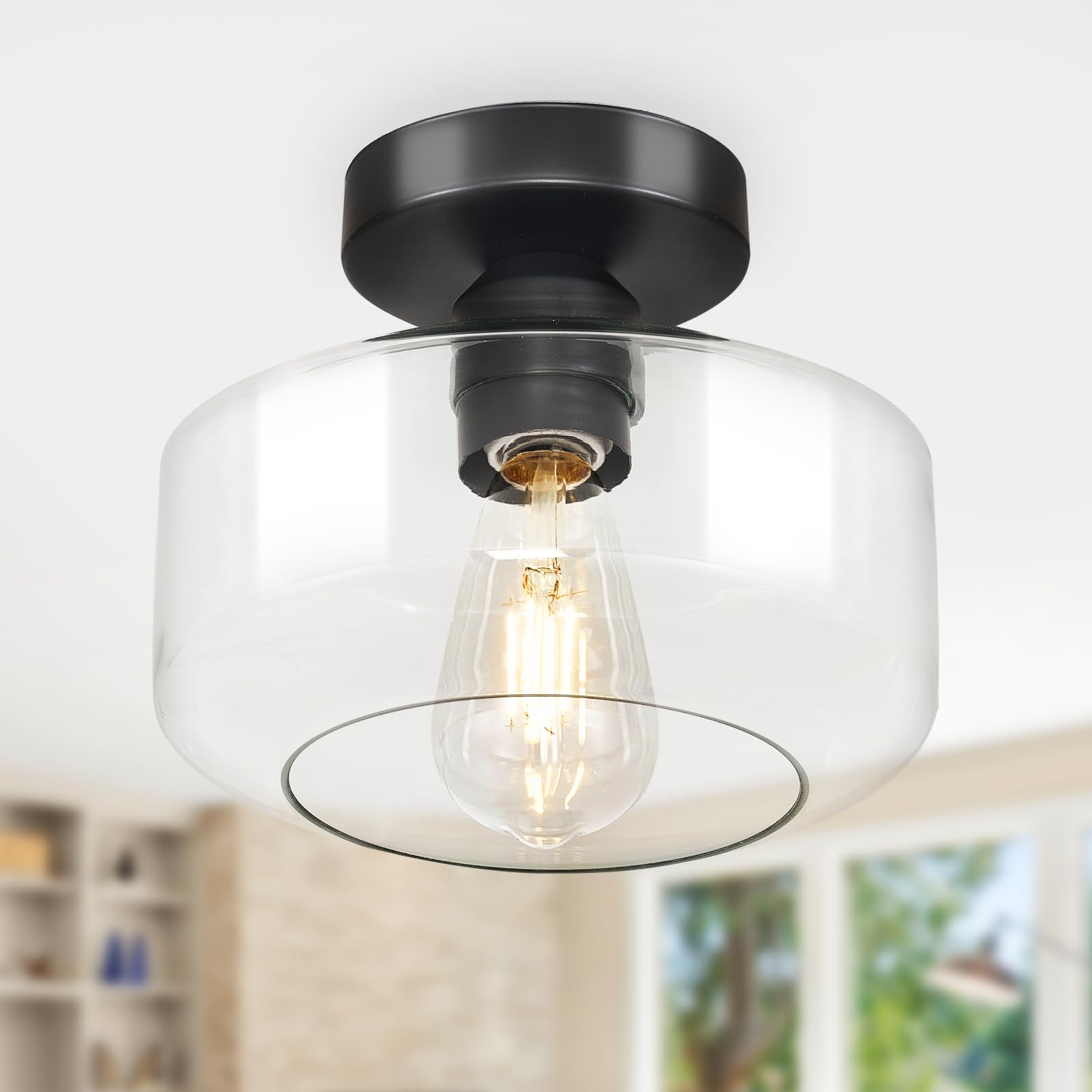 Industrial Semi Flush Mount Ceiling Light: Black Kitchen Lighting Fixtures Ceiling With Clear Glass - Vintage Hallway Light Fixt