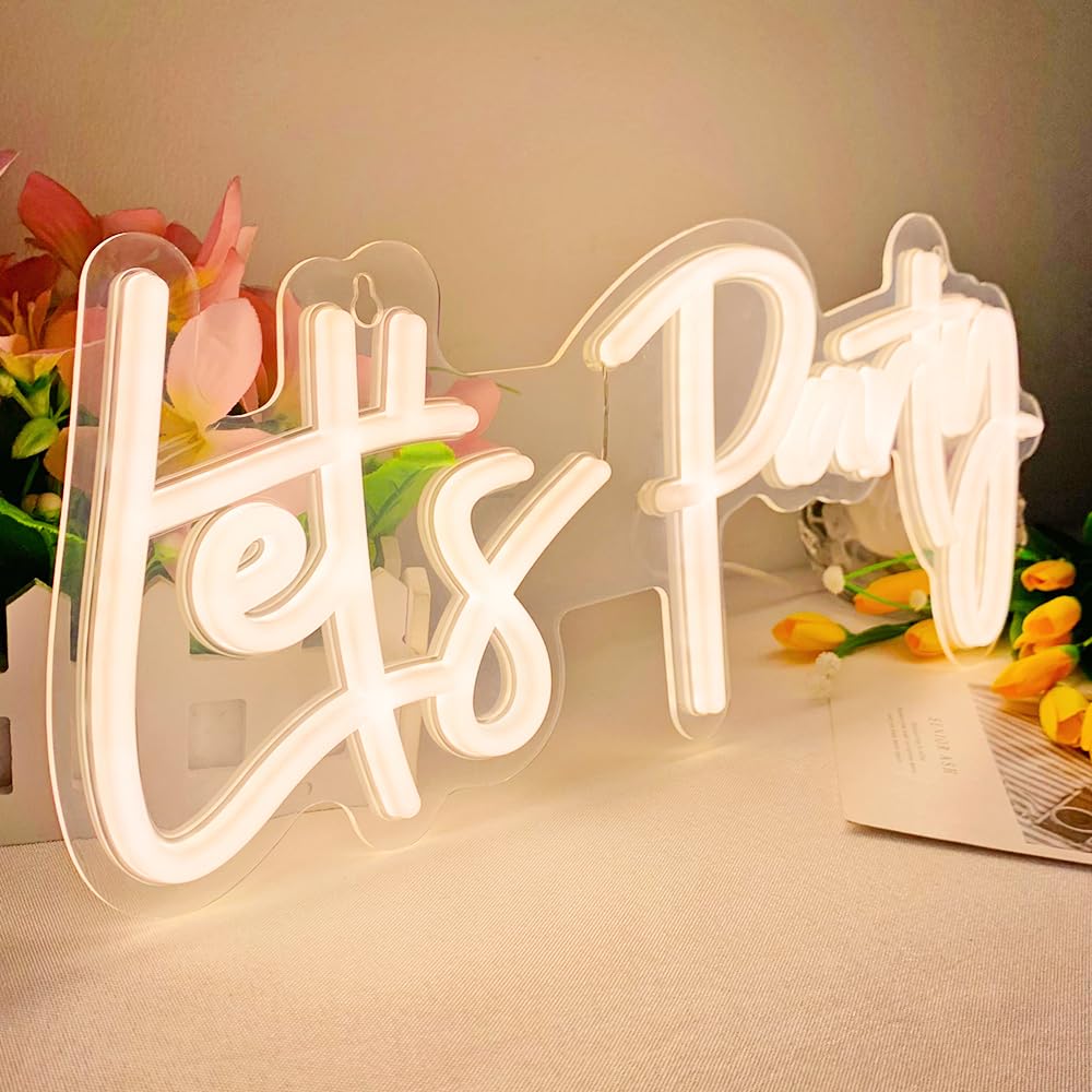Colysor Neon Sign - Lets Party, Dimmable, 17x7.5inch, Warm White Acrylic Wall Decor for Birthday, Wedding, Bachelorette, Valentines Day