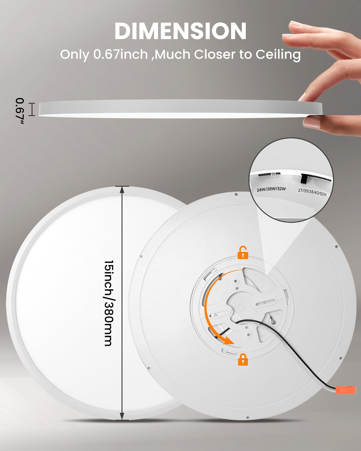 Wembanma Led Flush Mount Ceiling Light - 15Inch, 0.67In Ultra-Slim, 5Cct 24W/28W/32W Selectable, No Flicker, Ceiling Light Fixtu