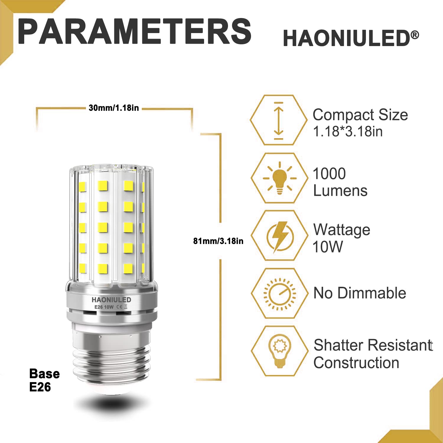 E26 10W Led Light Bulbs, 6000K Daylight White, 1000 Lumen, 100 Watt Equivalent Incandescent Bulbs, Non-Dimmable Edison Candelabr