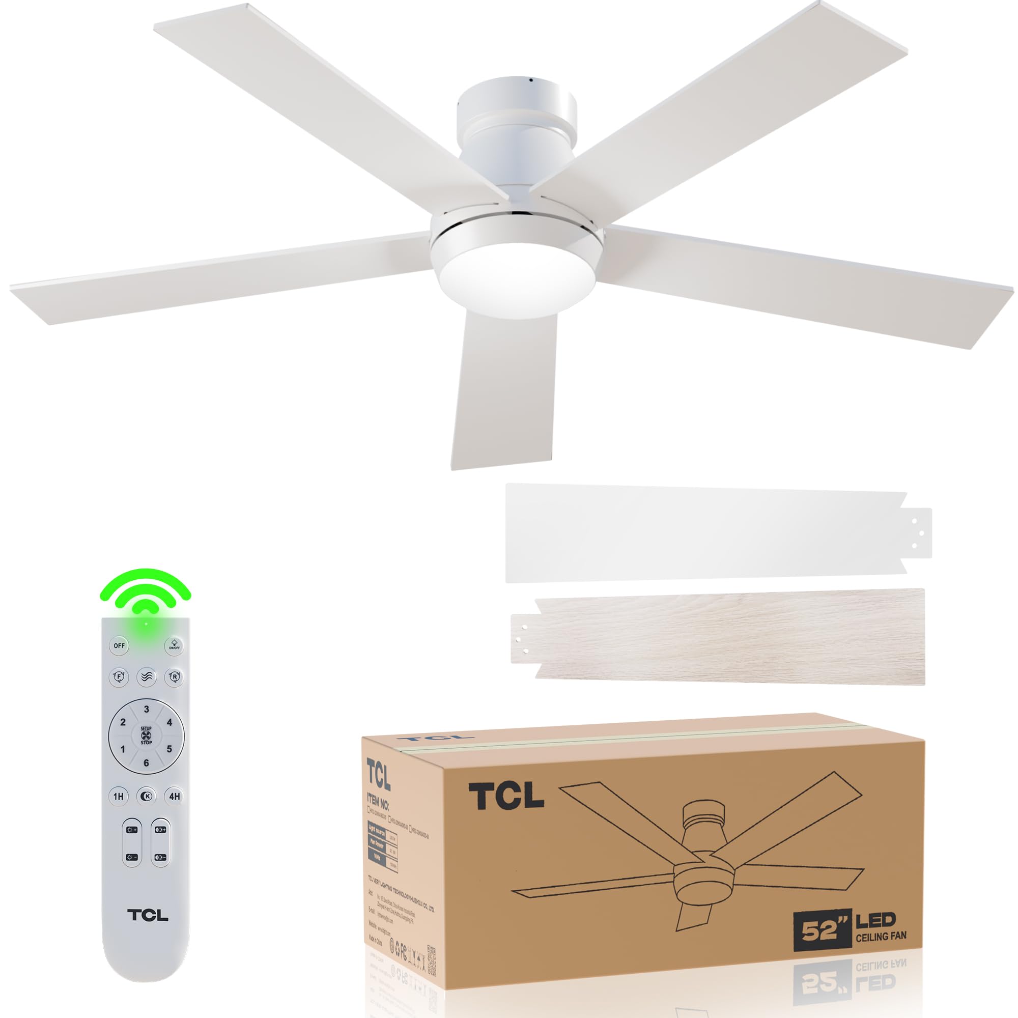 TCL 52'' White Ceiling Fan with Light and Remote, Modern LED 3-Color, Quiet Motor for Bedroom, Living Room, Dining Room, Ceiling