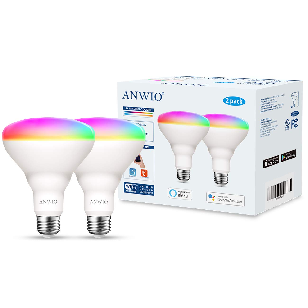 ANWIO Smart BR30 LED Light Bulb, RGB Color Changing, WiFi Dimmable, E26 Base, 8.5W (60W Equivalent), 2 Pack, Compatible with