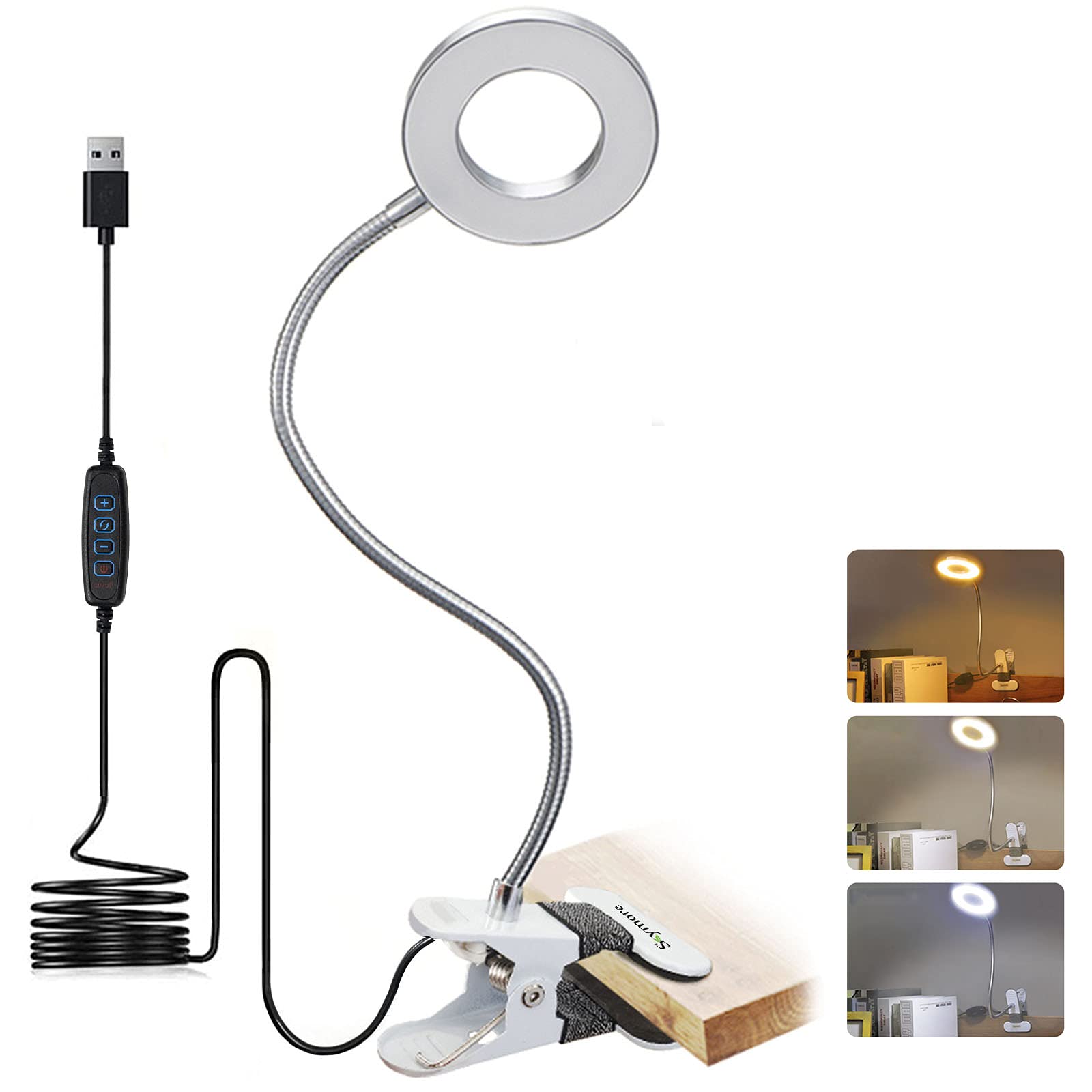 Skymore Clip on Light - 3 Color Modes, 10 Brightness Levels, Flexible Gooseneck, Metal, 6.02inx4.25inx3.15in, Silver,