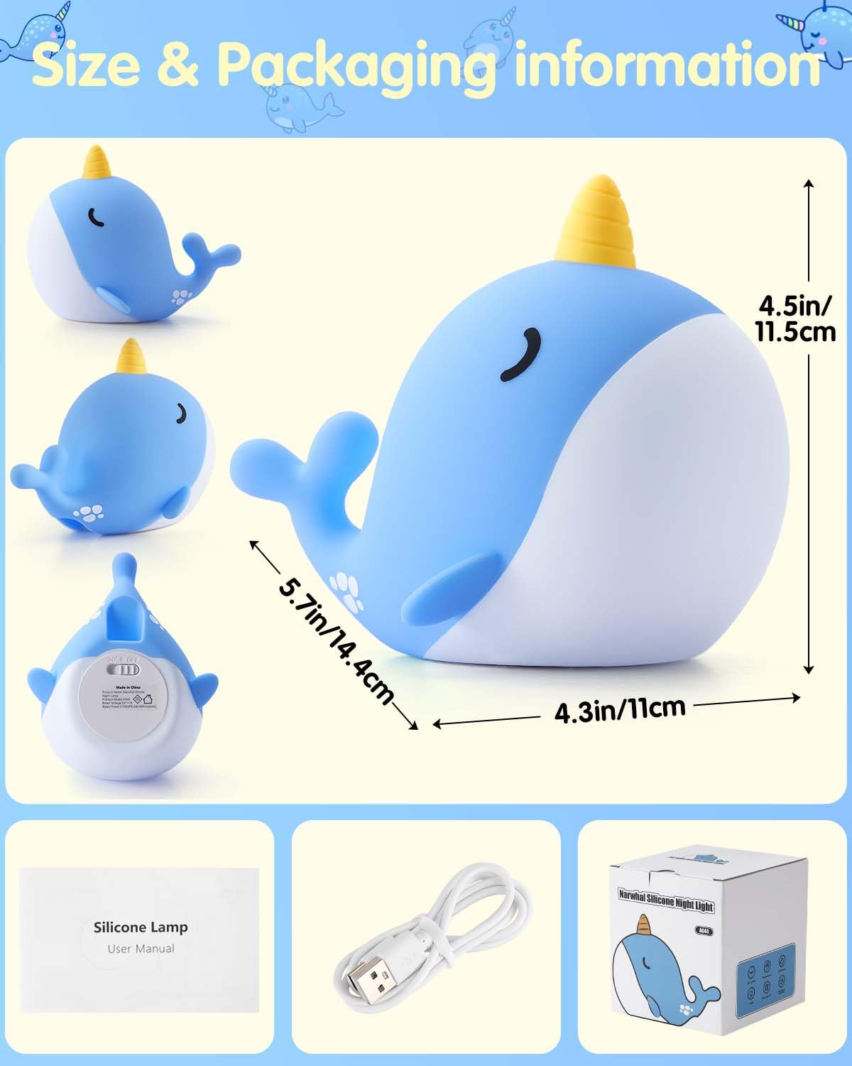 Fuloon Narwhal Night Light - Squishy Silicone Kids Lamp, USB-C Rechargeable, Blue, Small, Model DH-BFLD30
