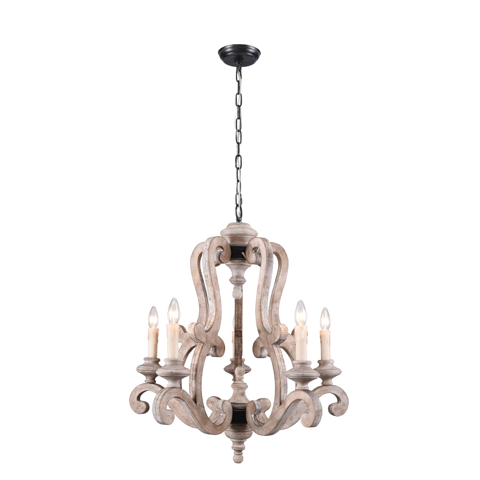 Chords Attic Farmhouse Weathered Wood Chandelier, French Country Empire Pendant Lighting Fixture With 5 Candle Lights, Adjustable Chain, For Kitchen, Dining Room, Foyer, Hallway Etc