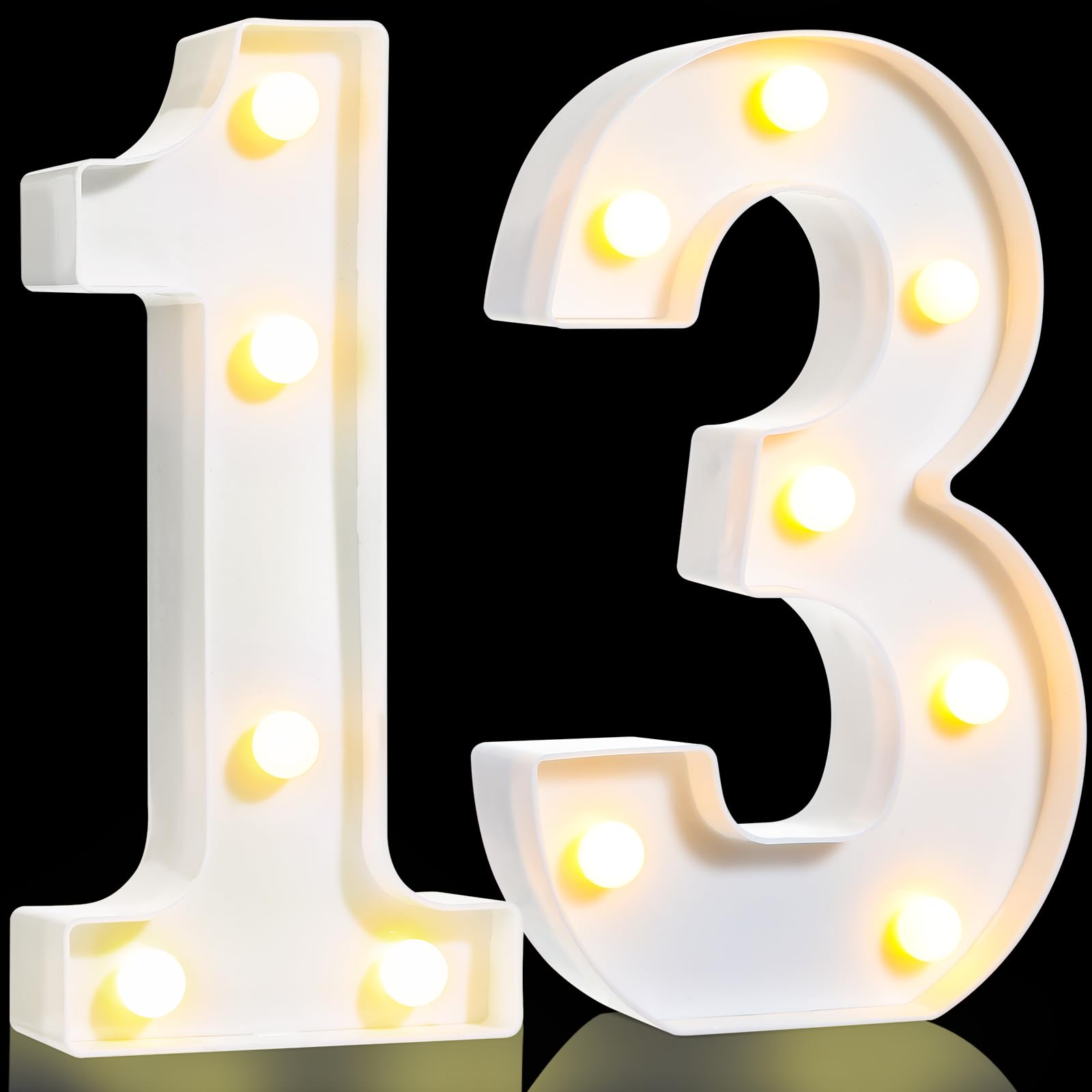 Treela LED Number Sign, 8.7in  Glitter Marquee for Birthday Party, 13th Size, White, Model JR-Treela-4356