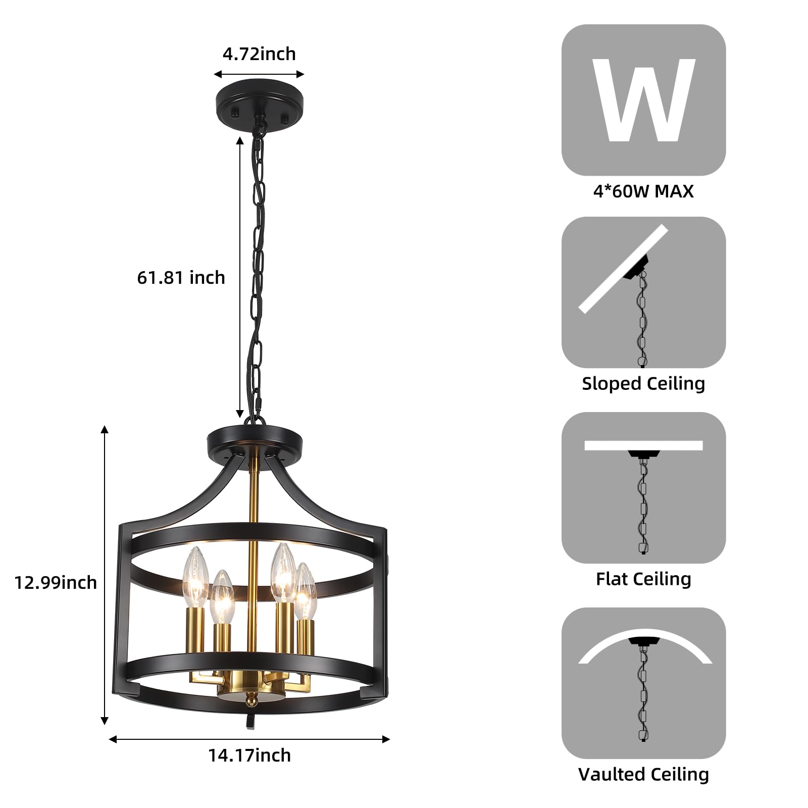 Lxwnyy Farmhouse Dining Room Light Fixture,4 Lights Kitchen Chandeliers Over Table Modern Black&Gold Hanging Pendant Lamp Conver