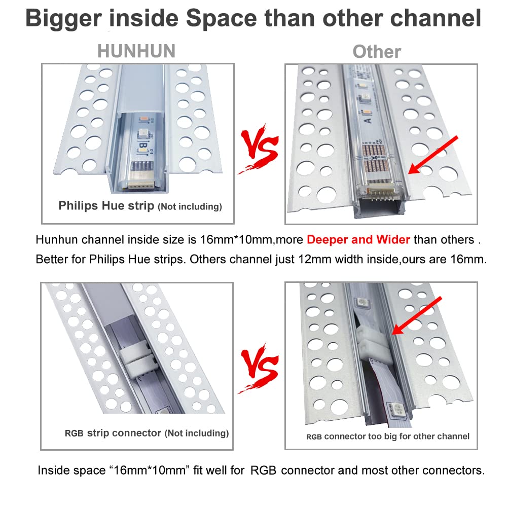 hunhun 10-Pack 6.6ft Drywall LED Aluminum Channel System with Milky Cover - White, Double-Edge, Includes End Caps & Mounting Clips