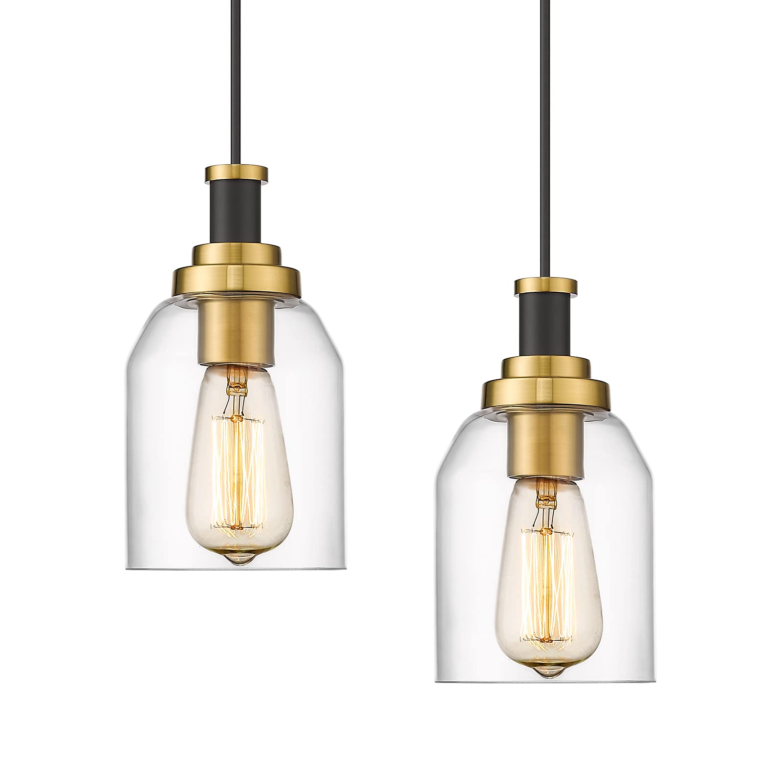 zeyu Modern Hanging Pendant Lights 2 Pack, Kitchen Pendant Lighting with Clear Glass Shade, Black and Gold Finish, ZG33M1L-2 BK+