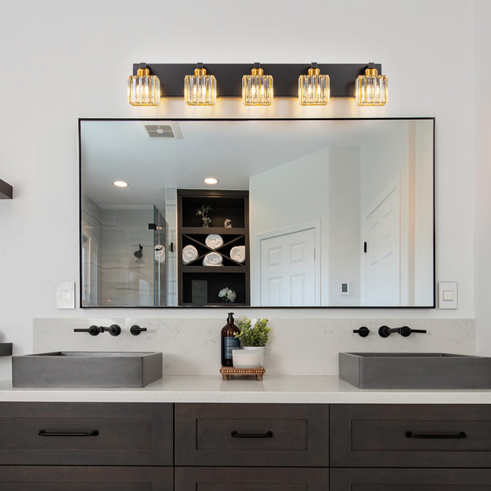 Huoku Crystal Black Gold Bathroom Vanity Light, 5-Lights Bathroom Lighting Fixtures Over Mirror Modern Glam Crystal Wall Lightin