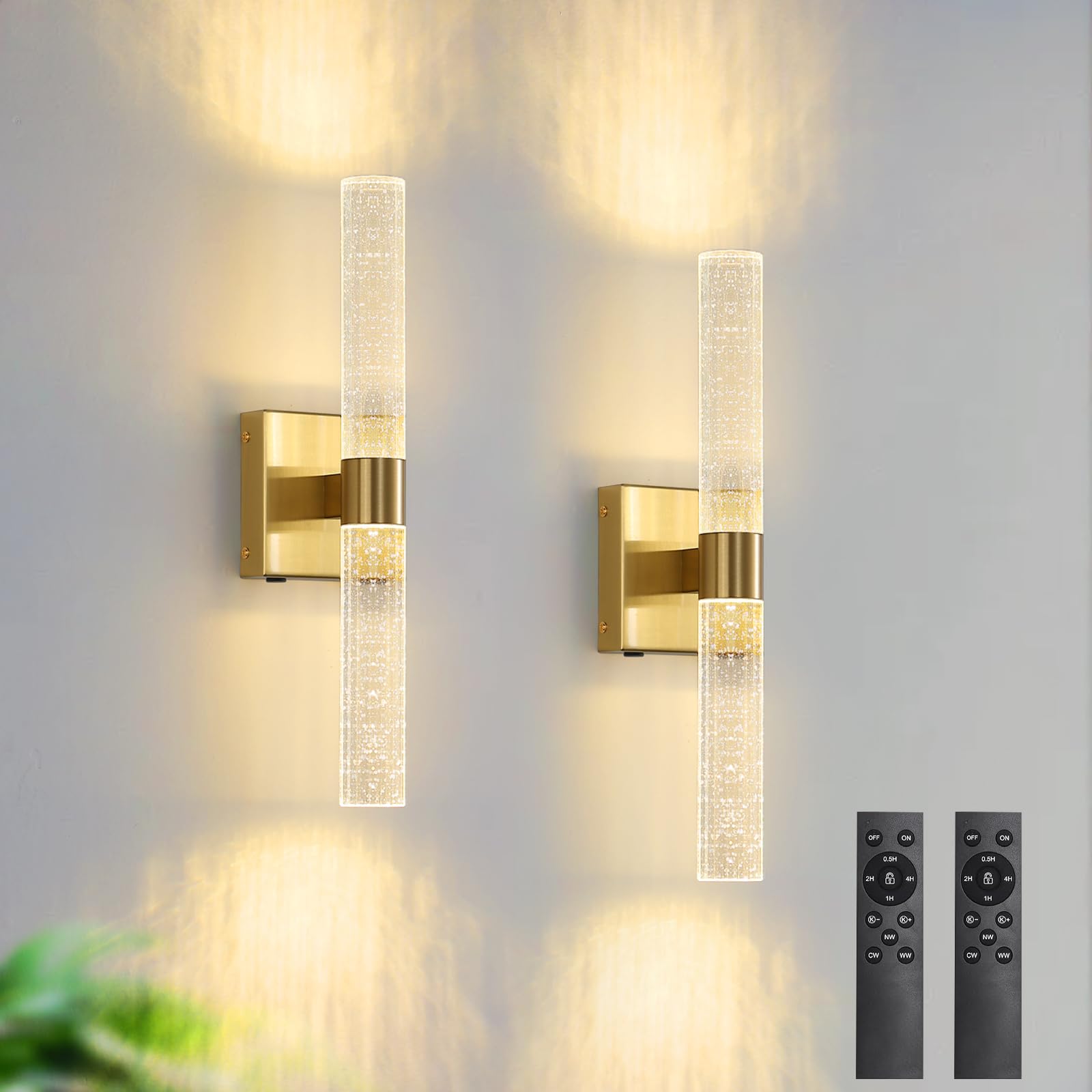 HONGREN Wall Sconces Set of Two - 17 Inch Gold LED Dimmable Battery Operated Light with Remote Control