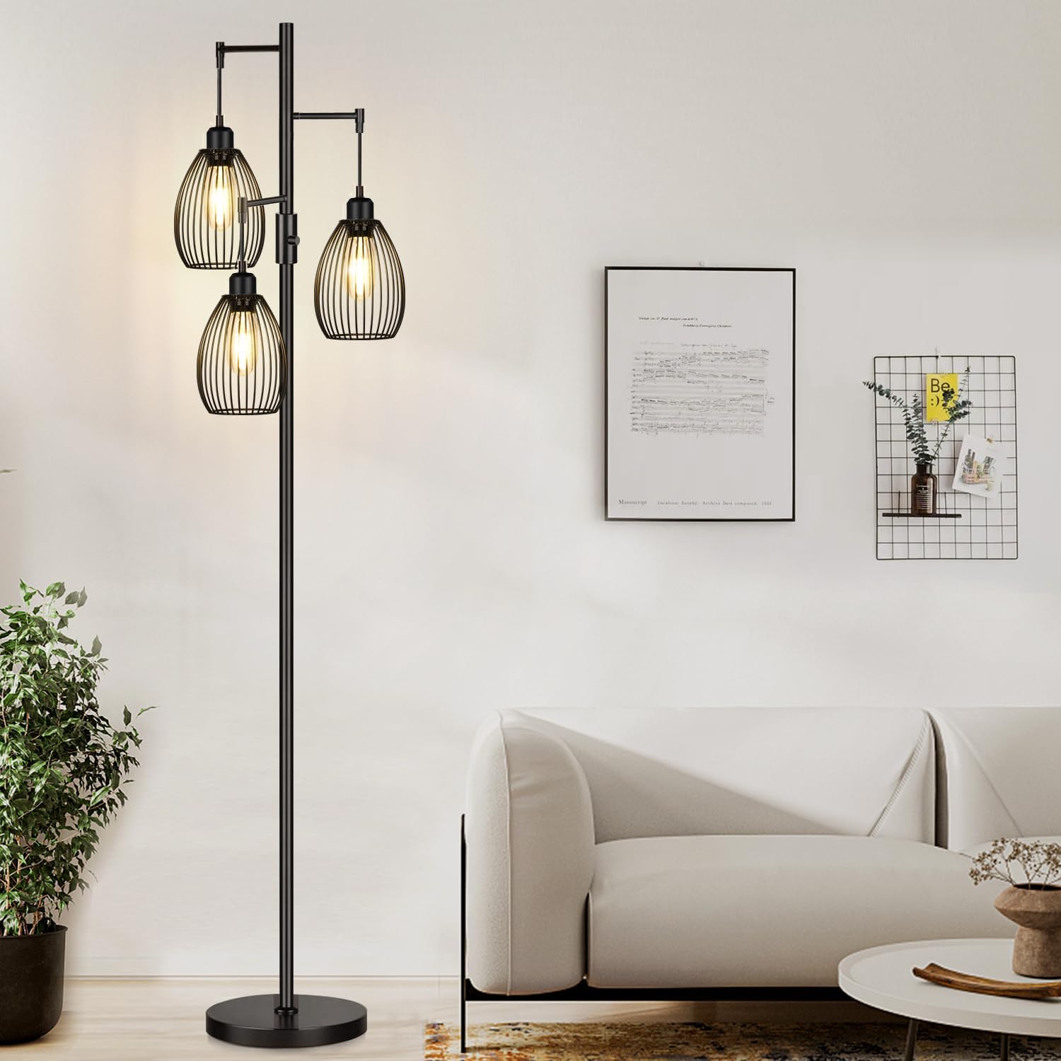 Nintiue Dimmable Floor Lamp, 3 x 800LM LED Edison Bulbs, Metal, 70 inches, Matte Black, Model FL1908