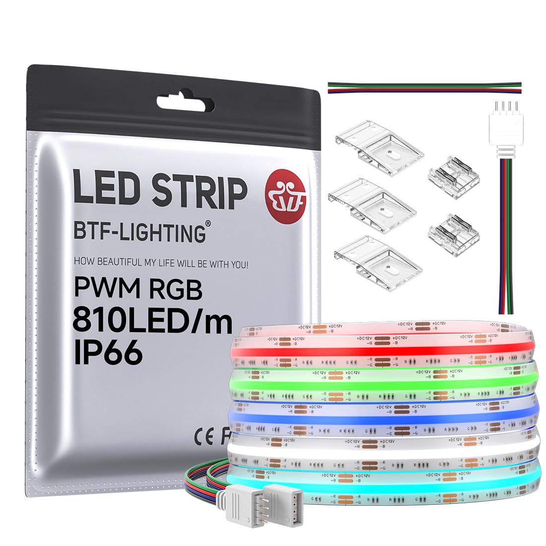 BTF-LIGHTING FCOB IP66 RGB COB LED Strip 16.4FT DC12V 810LED/m Color Changing Flexible High Density Uniform Light 10mm Width for