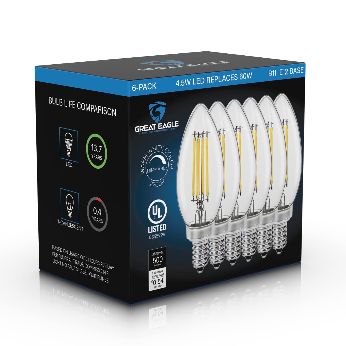 Great Eagle Lighting Corporation Candelabra B11 Led 2700K Warm White Light Bulbs 60W 500 Lumens, Dimmable, Filament E12, Ul List
