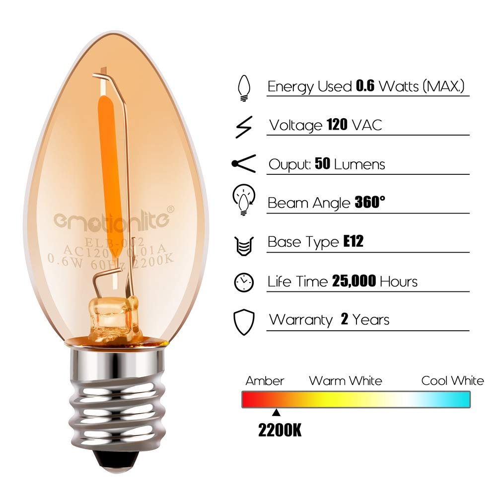 Emotionlite Night Light Bulbs, Amber Led C7 Bulb, 4W 5W 6W 7W Equivalent, E12 Candelabra Base, Salt Lamp And Nightlight Replacement Bulb, 0.5W, Amber Yellowish 2200K, 50Lm, Amber, 30 Pack