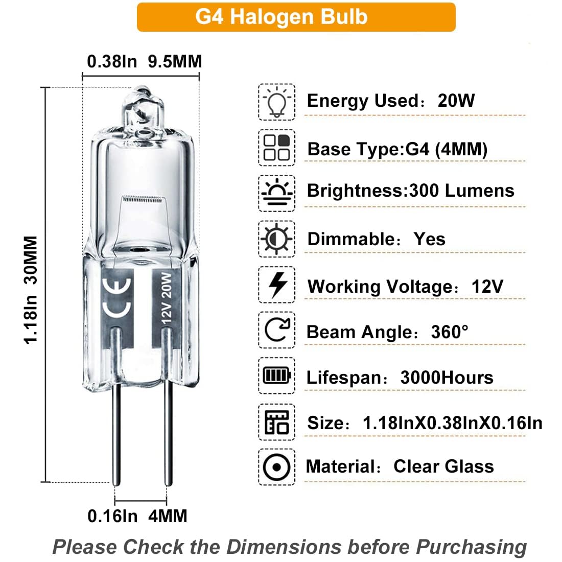 G4 Bulb, 20 Pack Halogen G4 12V 20W With G4 Bi-Pin Base, High Output G4 Light Bulb 12V 300Lm 3000Hrs Long Lifetime, G4 Dimmable,