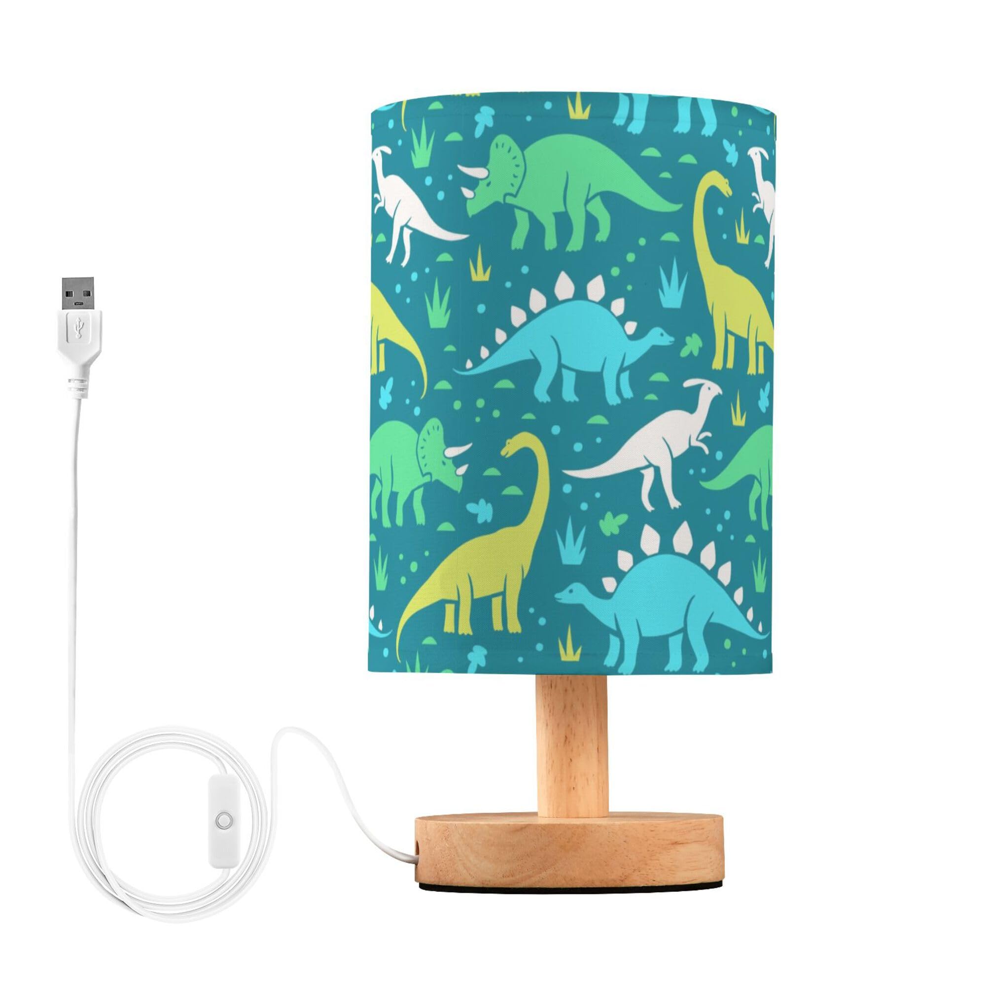 YYZZH Table Lamp Cartoon Dinosaurs Grass Pattern Nightstand Lamp with Wood Base Fabric Lamp Shade Bedside Desk Lamp for Living R