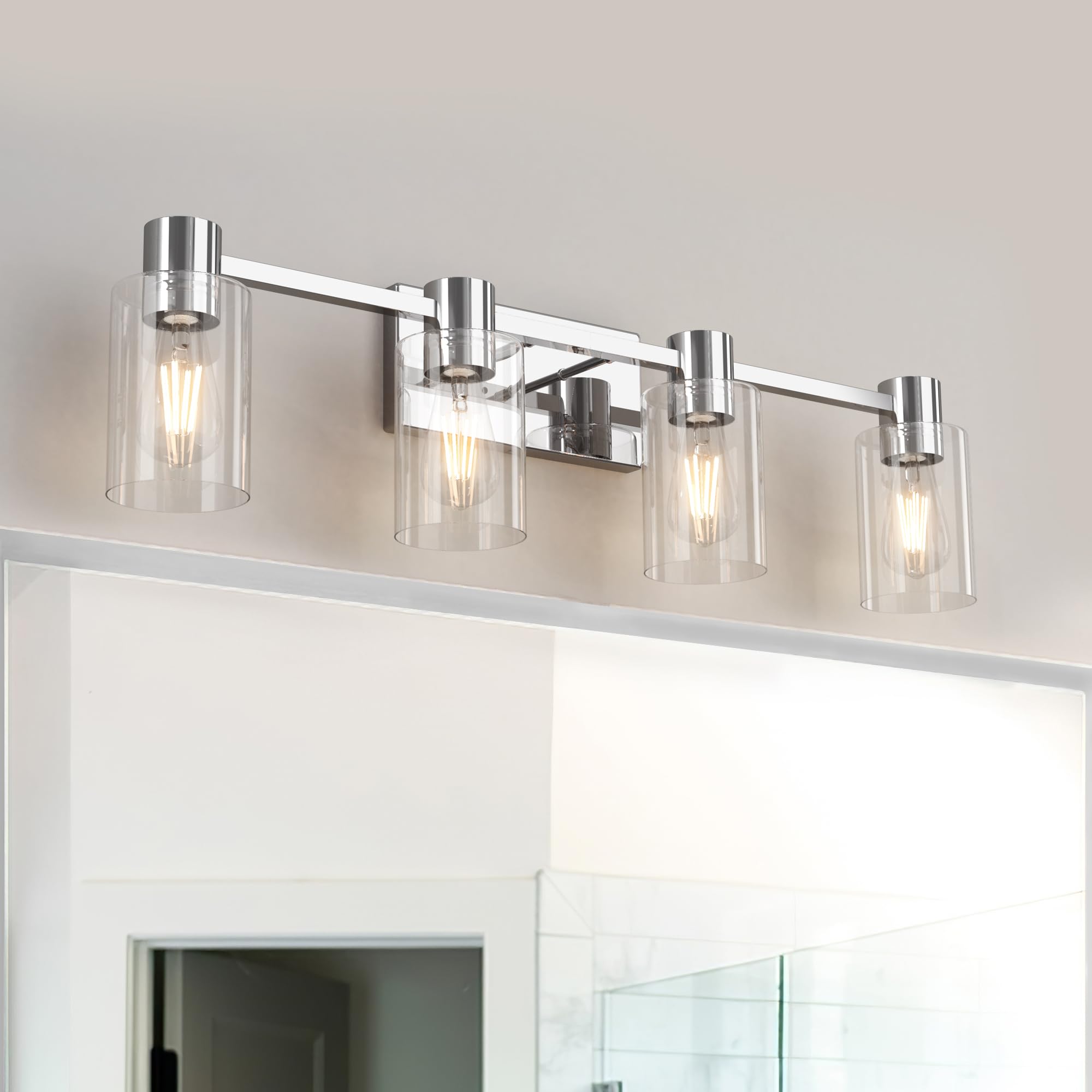 Esfos 4-Light Modern Vanity Light Fixture, Polished Chrome, Clear Glass Shade, E26 Base, Model ESF-W-018-1 for Bathroom