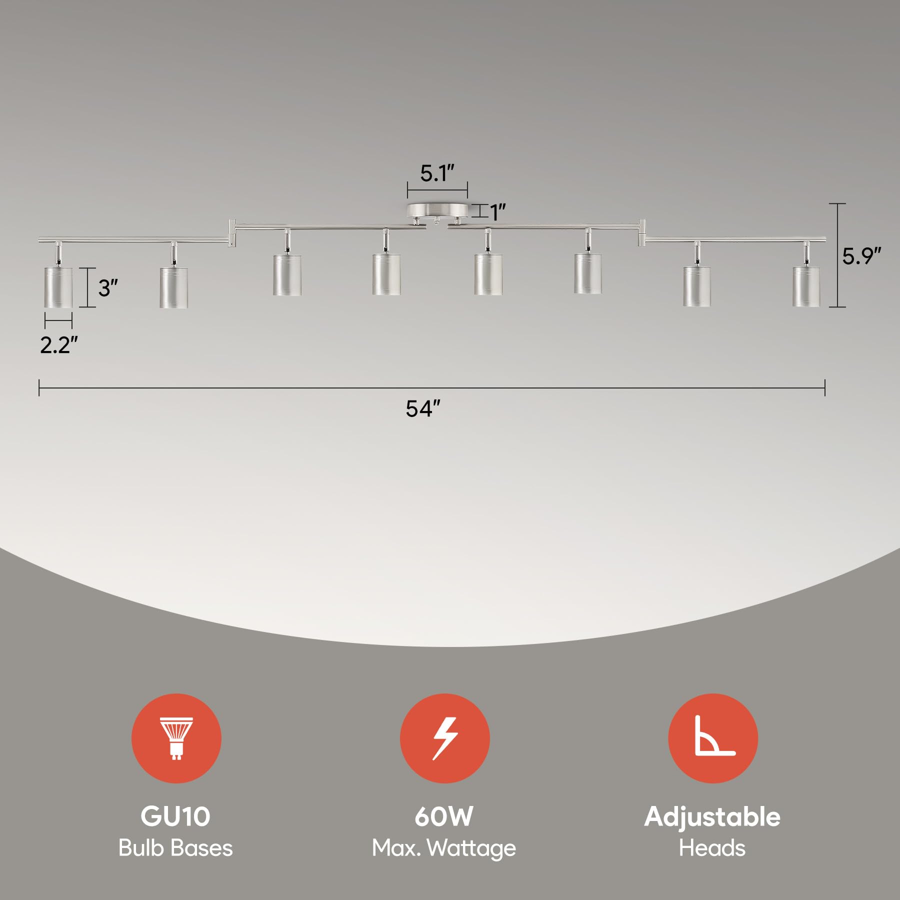 Vonluce 8 Light Track Light Fixture  Led Track Lighting Kit With Rotatable Heads  3-Color Gu10 Bulbs Included  Modern Ceiling Spotlight For Kitchen Office Closet Studio Bedroom  Nickel