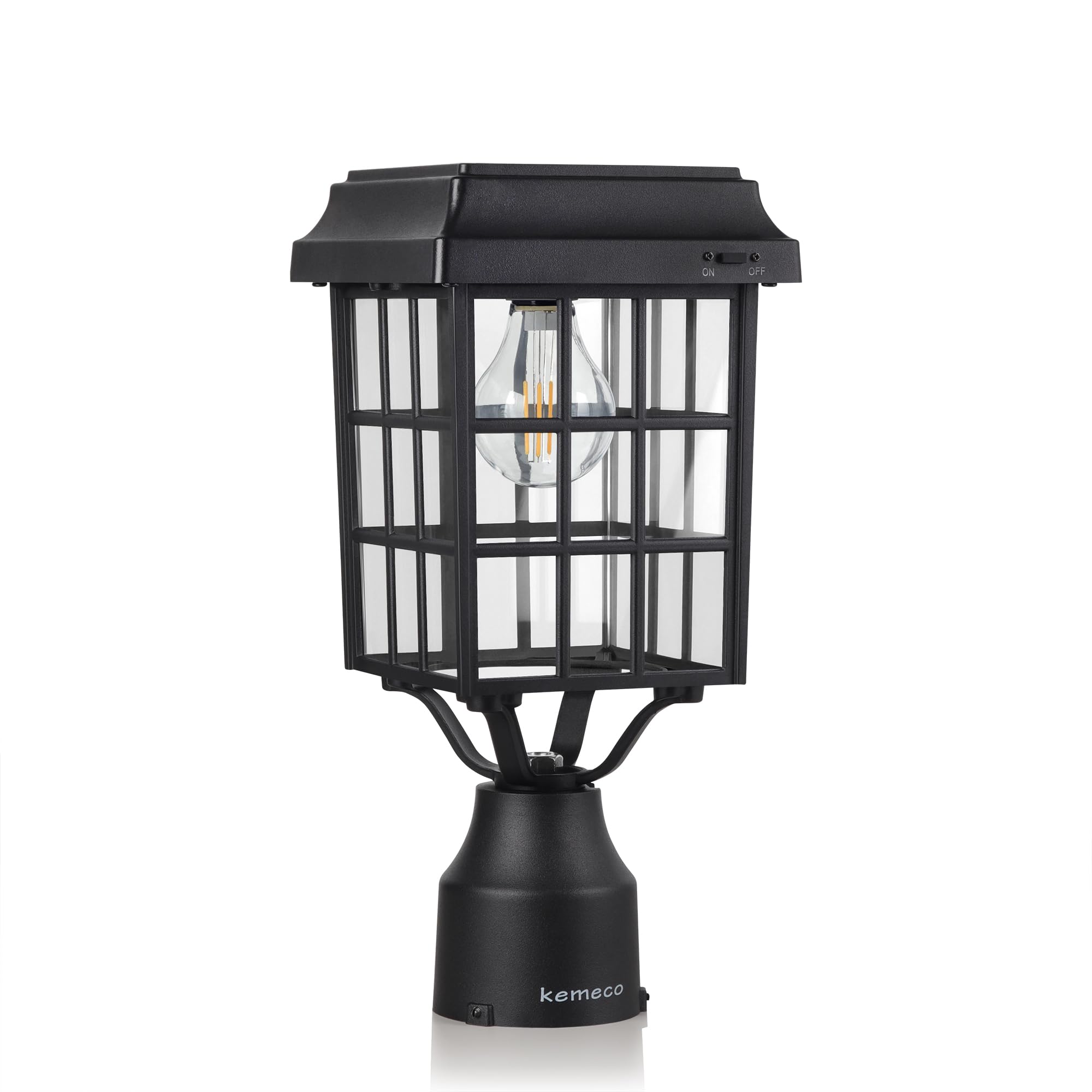 Kemeco Solar Post Light - Waterproof LED Fixture for Outdoor Garden, Flat Roof, Black, Model 4324