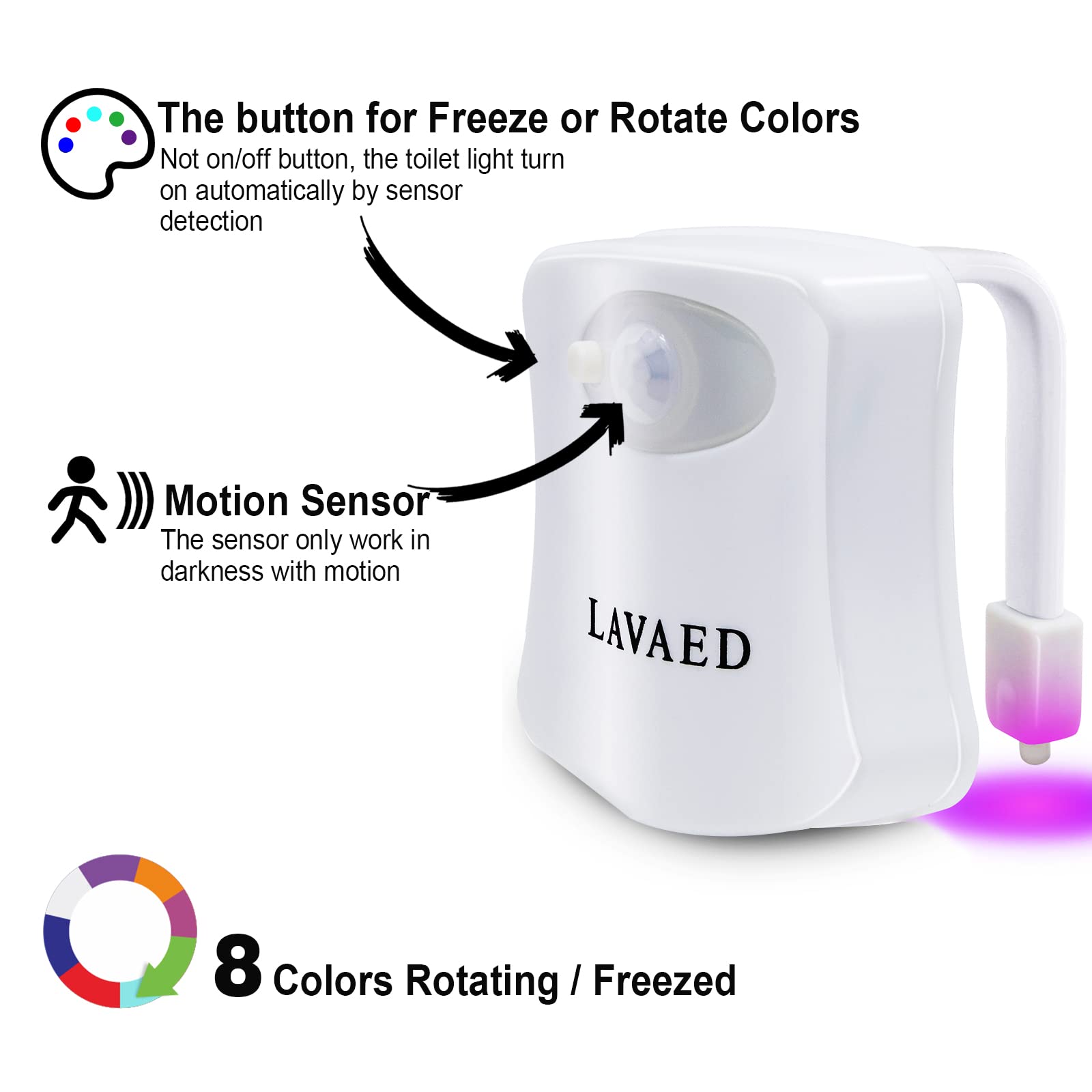 Lavaed Motion Sensor Toilet Night Light - 8-Color Changes, Plastic, 1 Pack, Model Tnl-Main