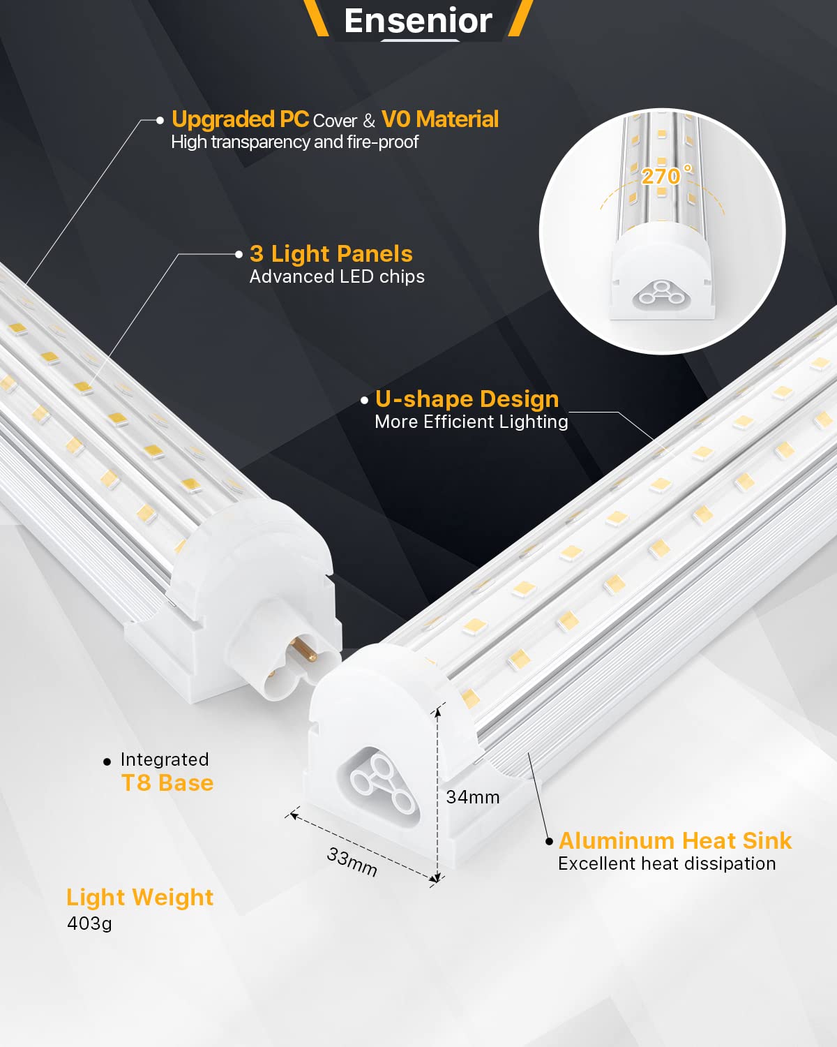 Ensenior 8FT LED Shop Lights, 6000K Clear White, 10000LM, U-Shaped Linkable, Model T8-8F-60K-10-WH